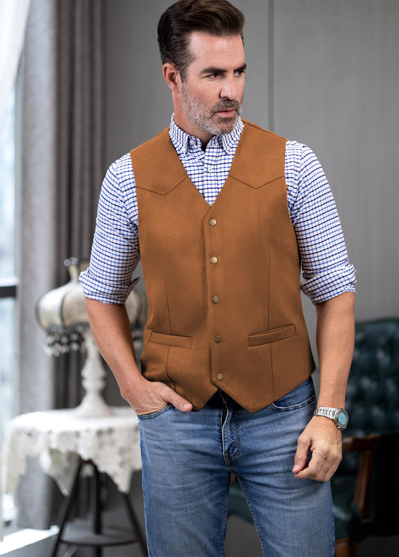 Tuikayoo Chaleco de traje de ante para hombre, estilo vintage, chaleco vaquero estilo Western, ajuste normal