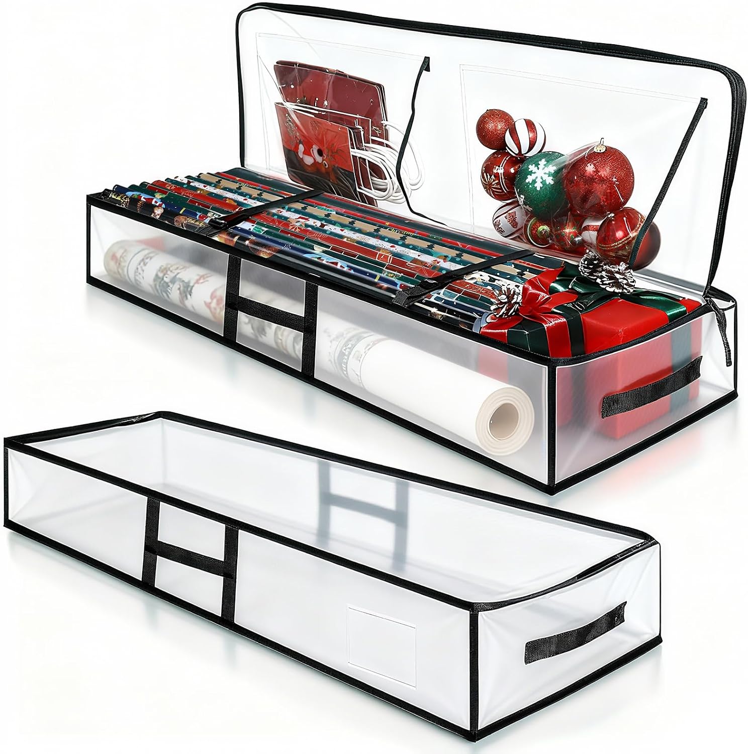 Abbylike 2 Pcs Christmas Underbed Wrapping Paper Organizers Storage Gift Wrap Container Xmas Holiday Tear Proof Storage Bag with Interior Pockets, Hold up to 20 Rolls, 41"W x 14"D x 6"H (Clear)