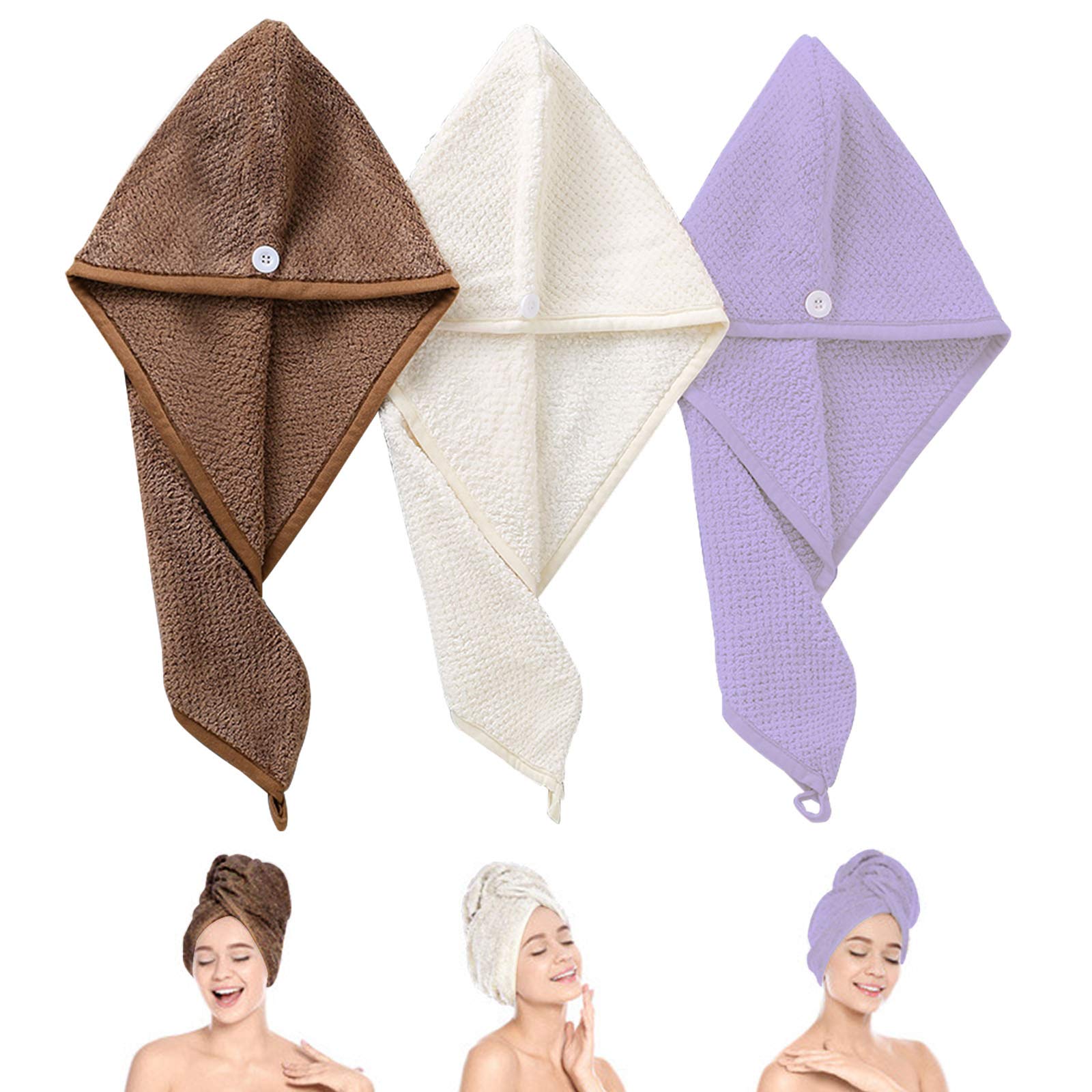 Microfiber Hair Towel Wrap for Women, 3 Pack Super Absorbent Quick Dry Wet Hair Turban for Drying Curly, Long & Thick Hair (Coffee & Beige & Purple)