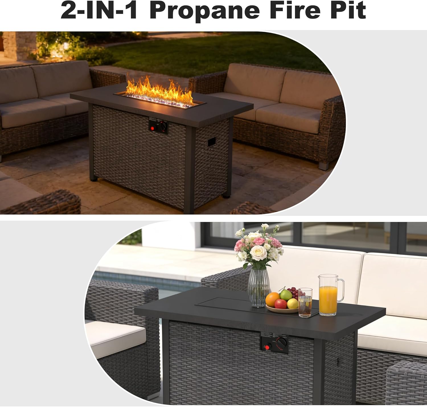 Patio Furniture Set with Fire Pit Table, 8PCS Outdoor Conversation Sets Waterproof Rattan Sectional Sofa with 4” Thickened Cushion Modular Wicker Patio Furniture Set with Glass Top Table (Blue)
