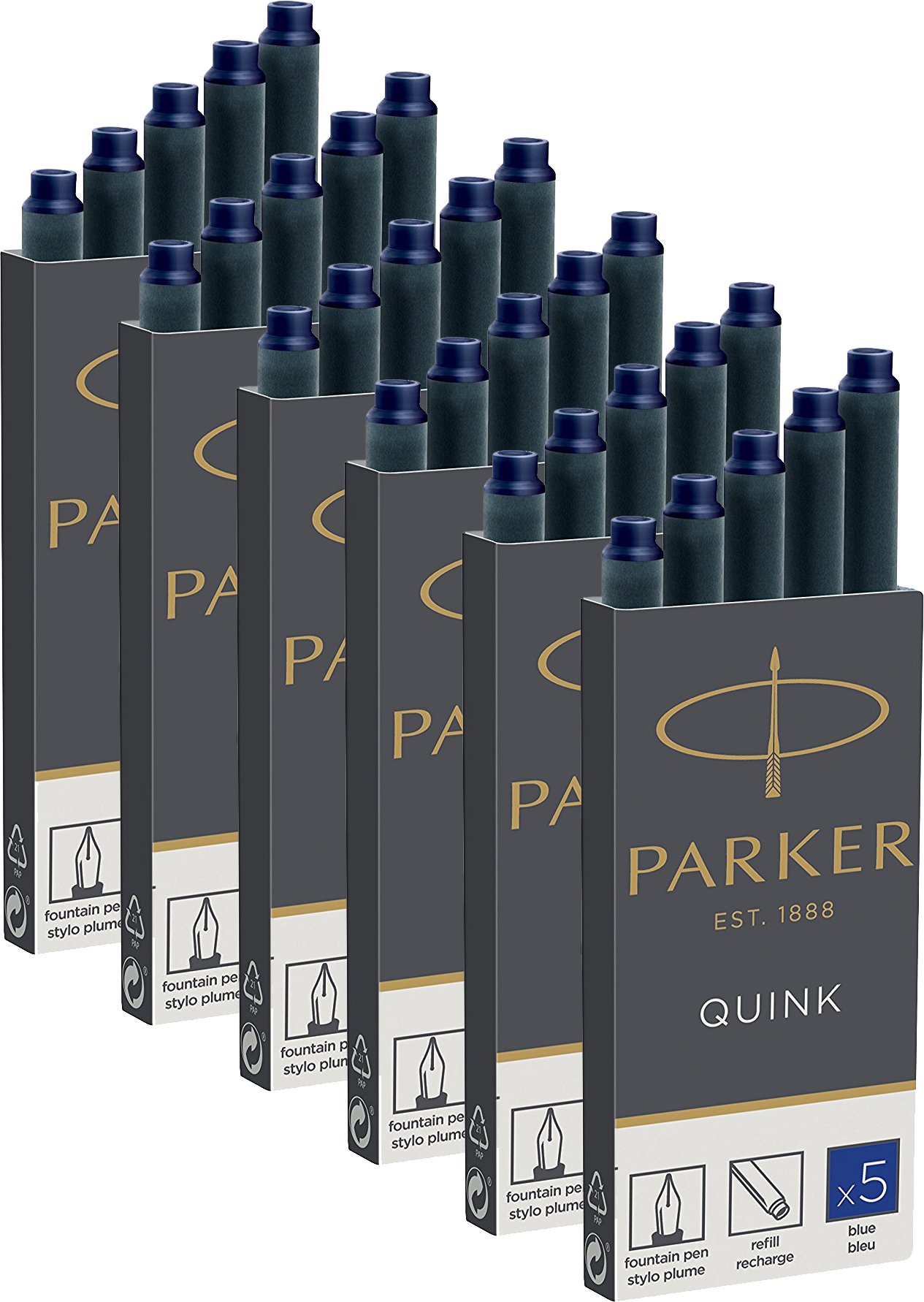 6x Parker 1950384 Quink wkłady uzupełniające do piór wiecznych, długie wkłady, 6x 5 szt., niebieski atrament (= 30 wkładów)