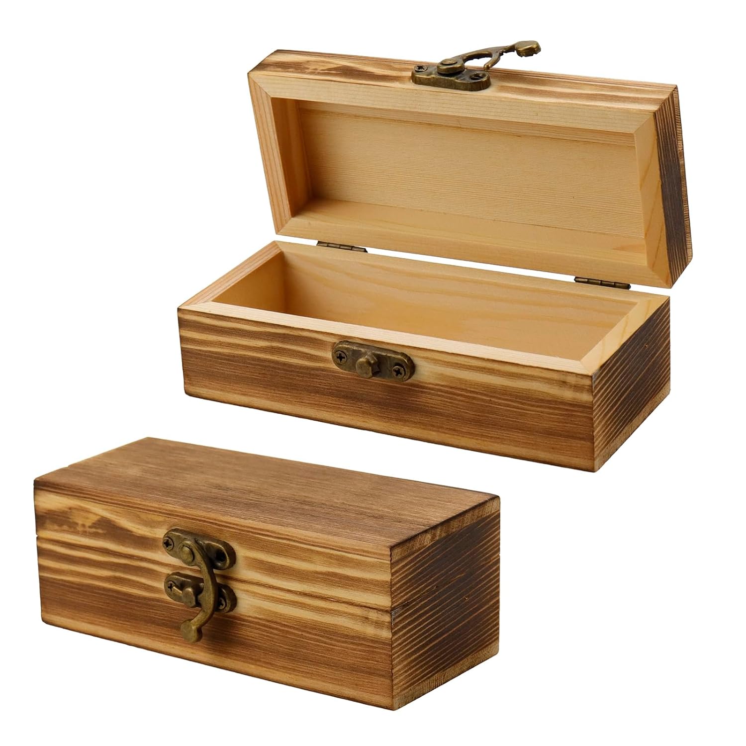KUMGROT 2 PCS Vintage Wooden Box With Hinged Lid - Handmade Rectangle Gift Box for Jewelry Rings Photos