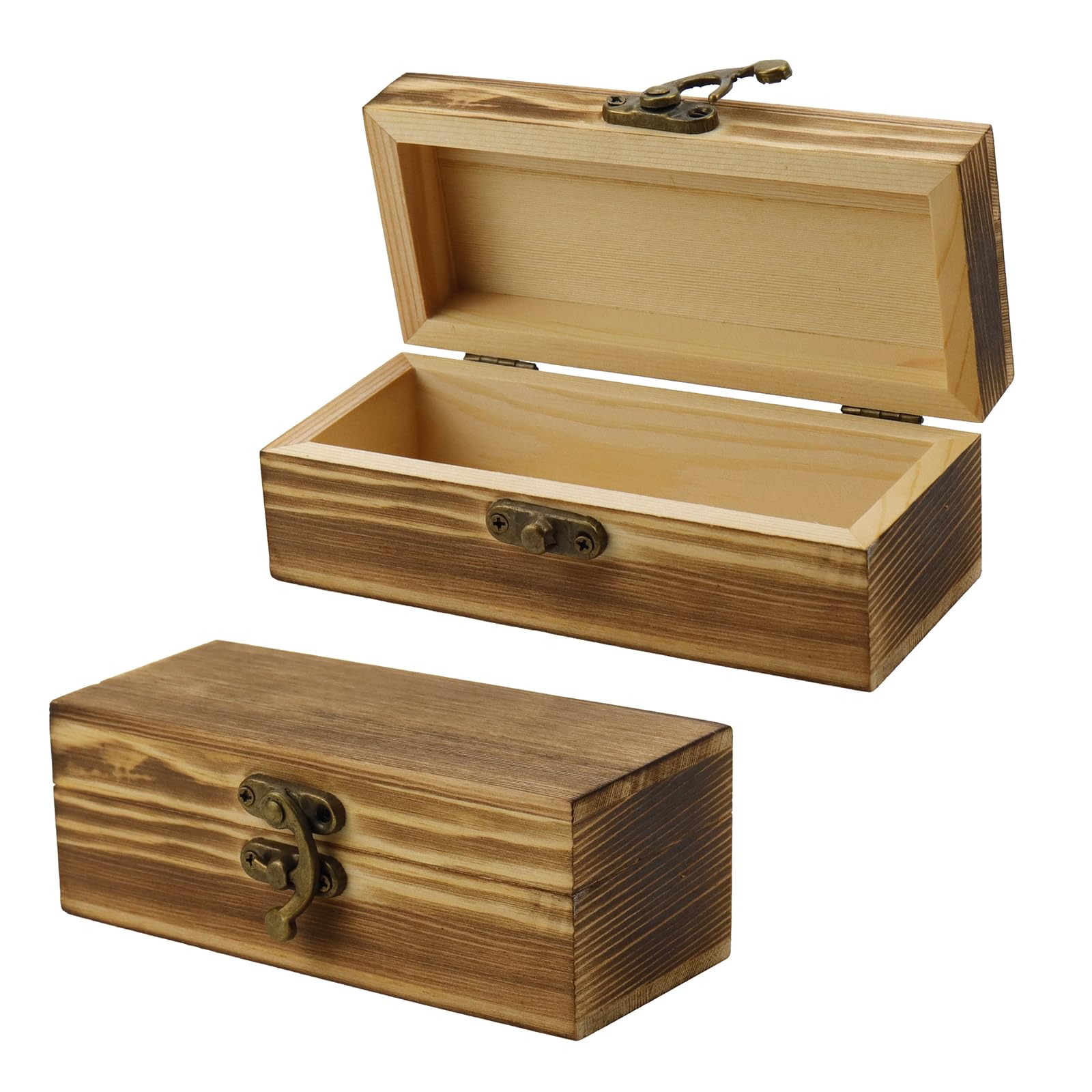 KUMGROT 2 PCS Vintage Wooden Box With Hinged Lid - Handmade Rectangle Gift Box for Jewelry, Rings, Photos, Coins, Cards - Keepsake Memory Storage Box, 5.5" x 2.4" x 2.1"