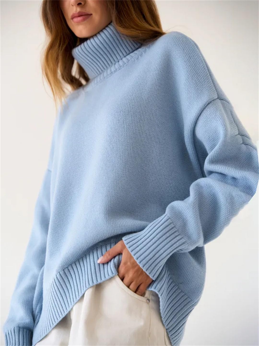 Maglione da donna a collo alto lavorato a maglia, maglione oversize