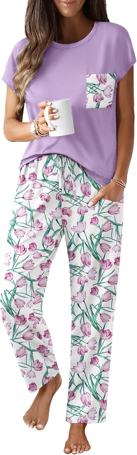 Ekouaer Womens Pajama Sets Cap Sleeve Sleepwear Tops and Long Pants Comfy Pjs 2 Piece Lounge Set with Pockets S-XXL