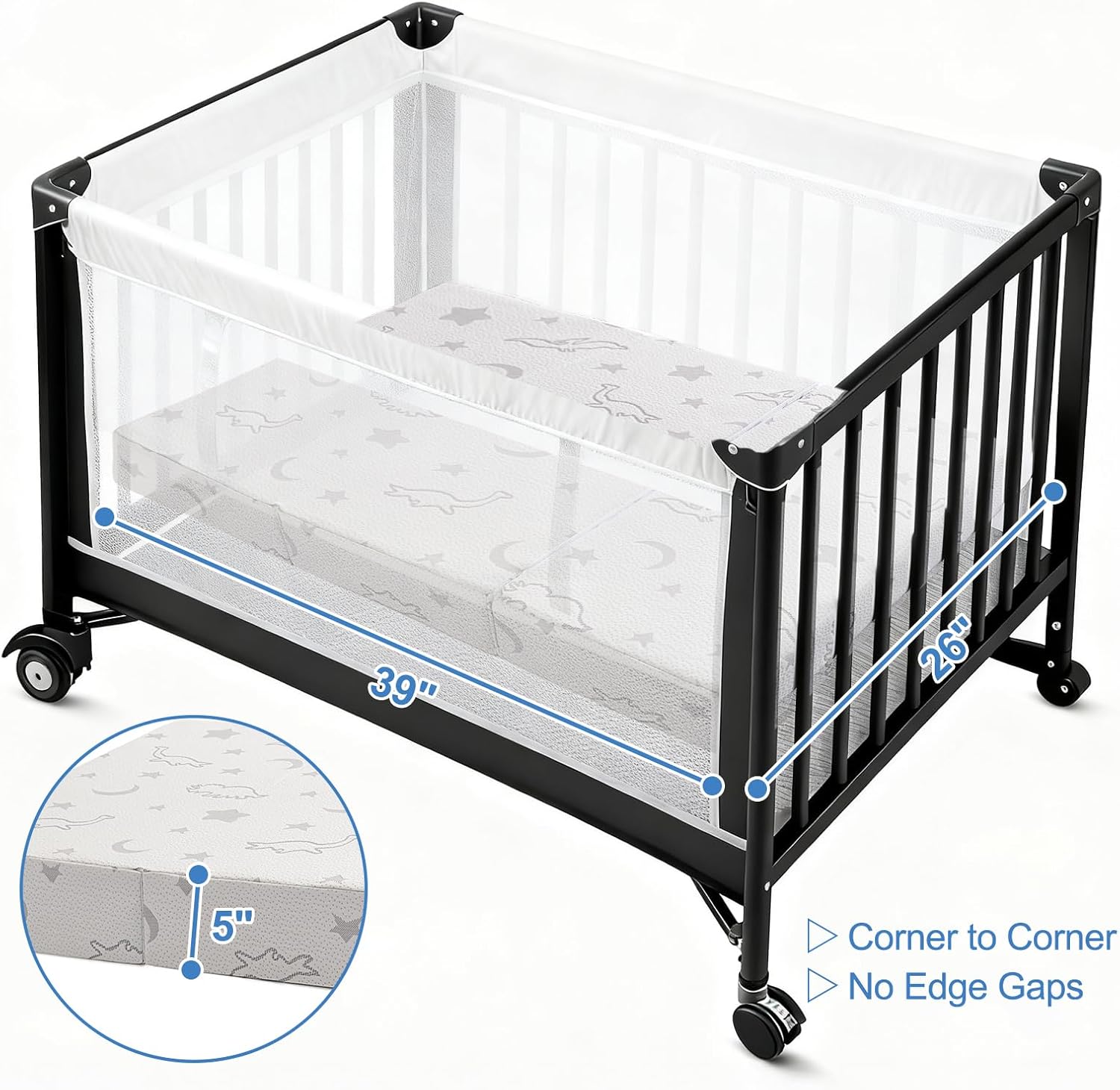 YJLMLY 5" Tri-Fold Foam Pack and Play Mattress Topper,39"x26"- Memory Comfort High Density Plush - Breathable Removable Washable Cover - Portable Travel Pad with Carry Bag for Indoor & Outdoor Use