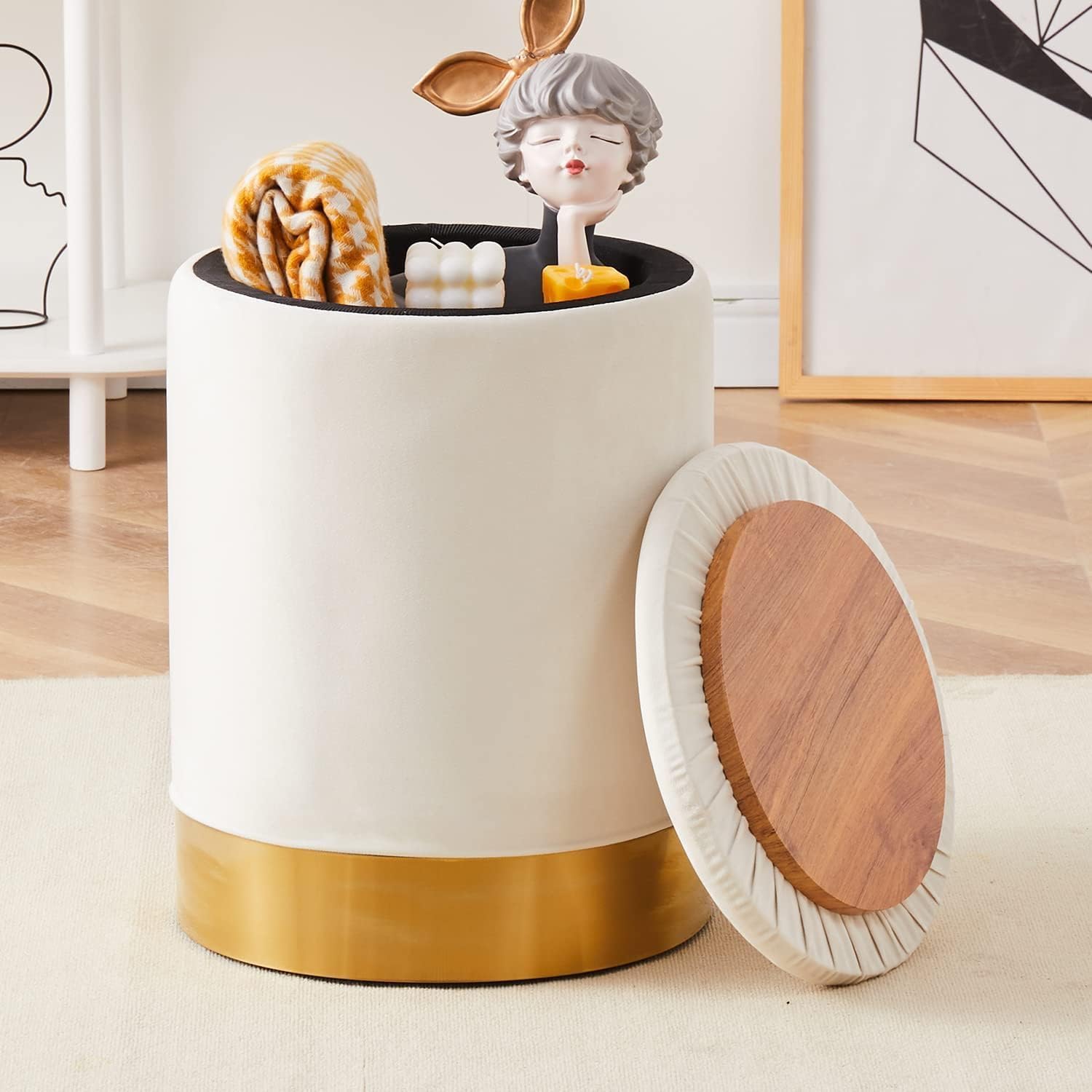 Mxfurhawa Velvet Storage Ottoman Multipurpose Footrest Stool with Metal Base Modern Round Vanity Stool Chair Ottoman Foot Stools Support 300 lbs