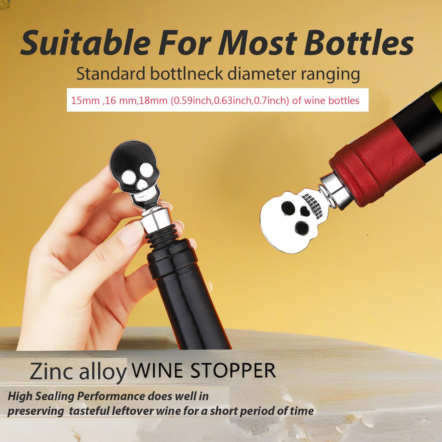 Halloween Wine Stopper With Wine Charms Set,2PCS Skull Wine Bottle Stopper Reusable Wine Corks with Silicone Seal, Bottle Cover Leak proof Keep Fresh-Black/White
