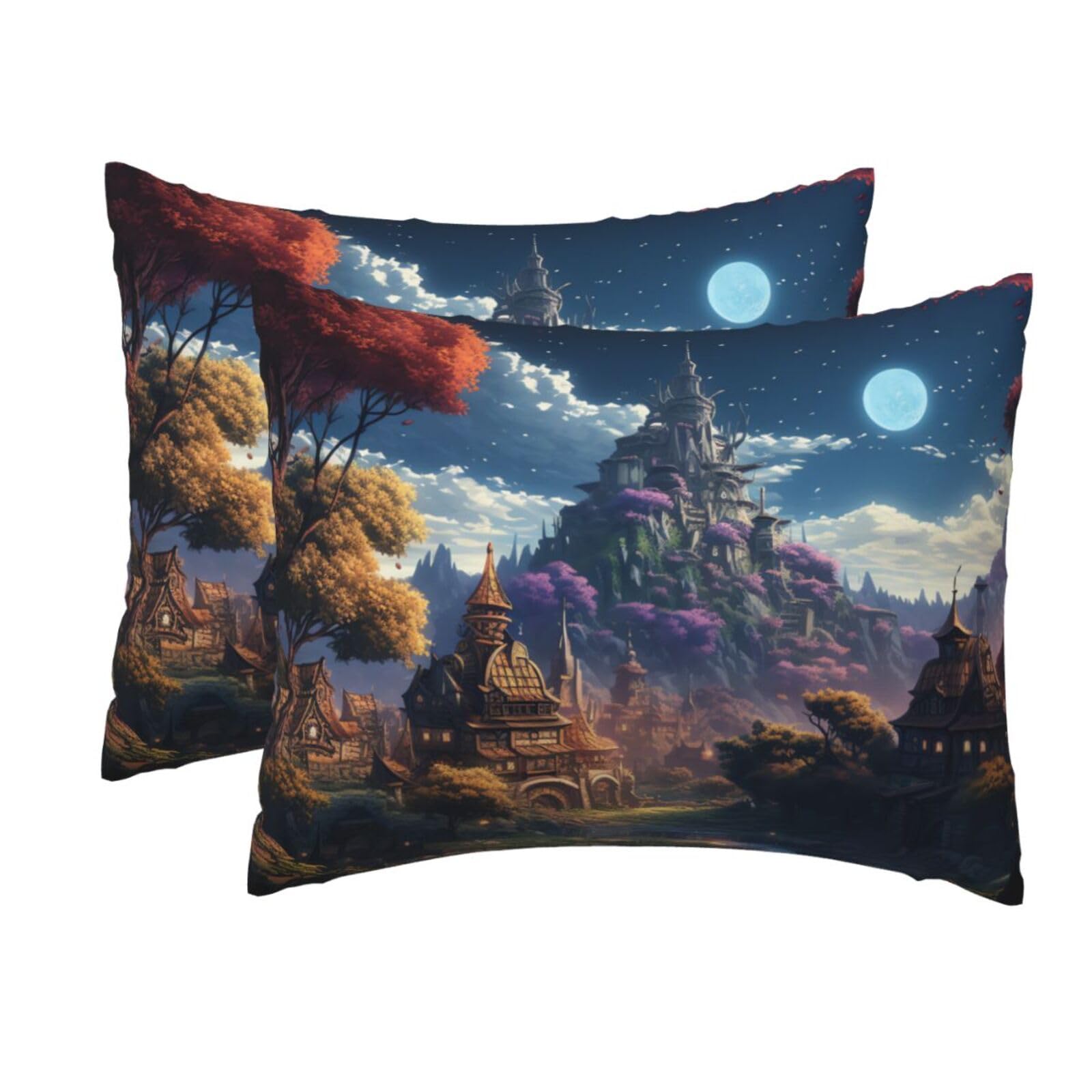 2 Pack Standard Size Pillow Cases for Hair and Skin Soft Breathable Pillow Case Covers with Hidden Zipper Fantasy Town Pillowcase 20x26 Inches Pillow Cover for Sleeping Gift