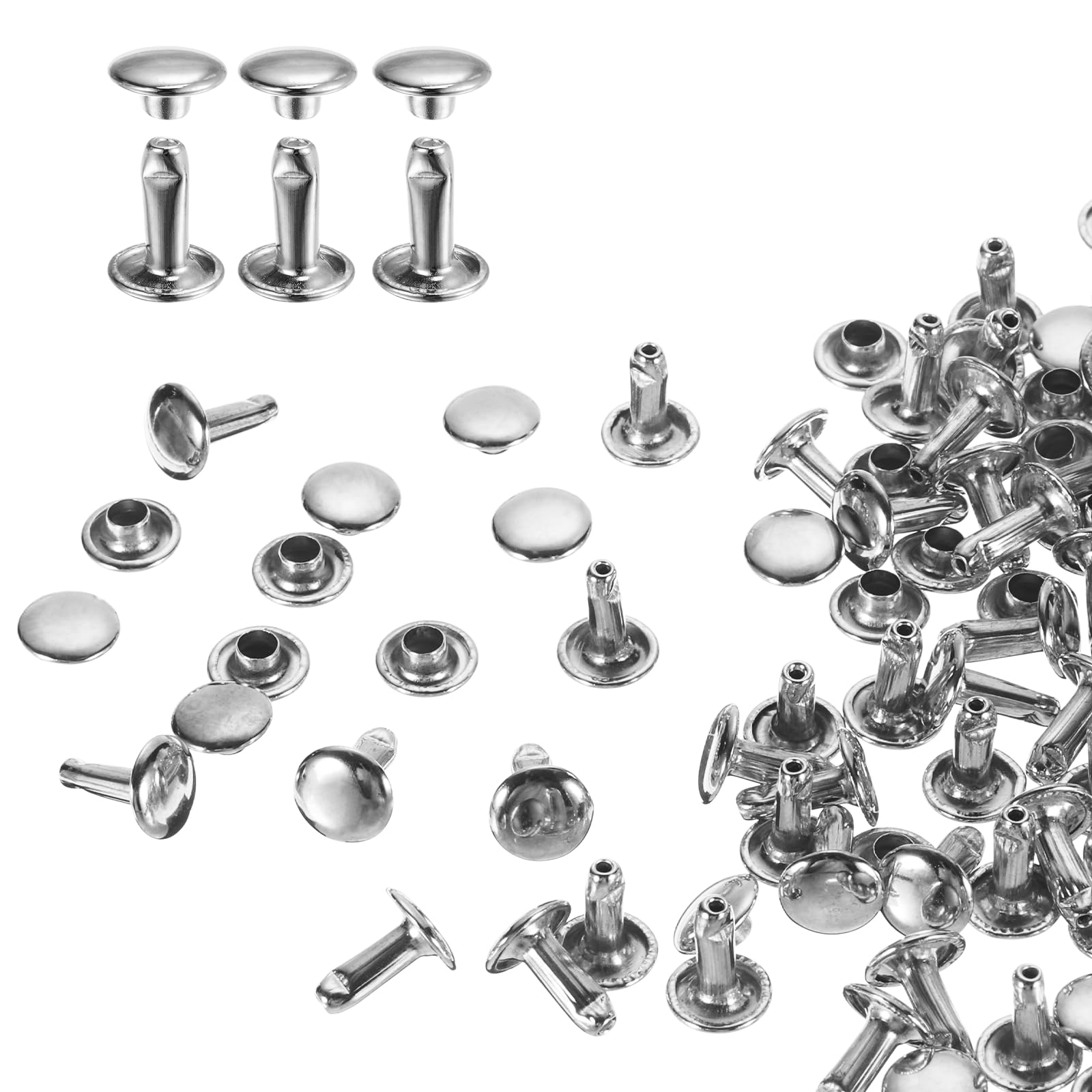 sourcing map 100 Sets Double Cap Rivets 8x10mm Carbon Steel Round Head Snaps Studs Fasteners Tubular Metal Studs for Leather Craft Repairs Decoration, Silver