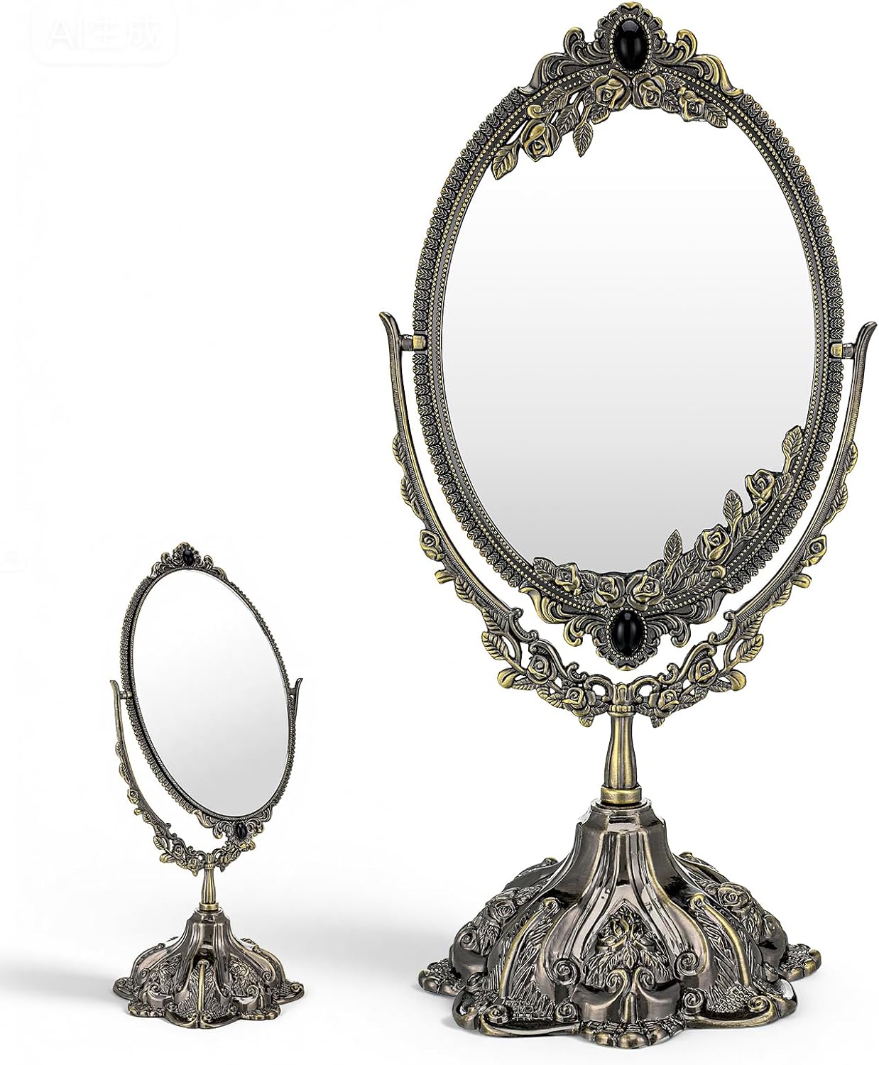 Vintage Double Side Makeup Mirror Floral Tabletop Oval Vanity Swivel Double-Sided-Mirror Vintage Swivel Double Sided Cosmetic Mirror with Stand for Dressing Room Bedroom (Bronze)