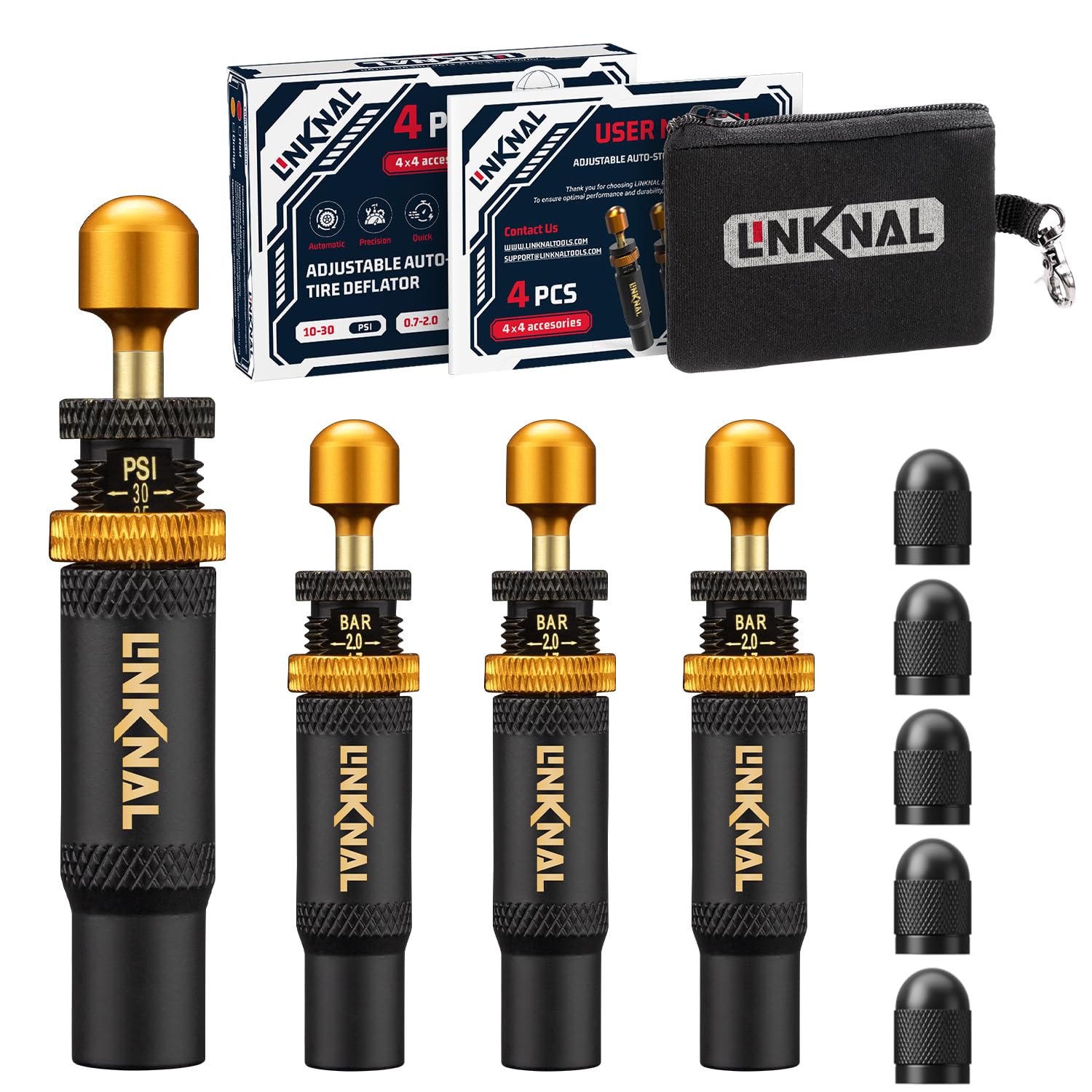LINKNAL Kit de Valve de dégonflage de Pneu réglable (10–30 psi/0,7–2 Bar), 4 Outils à Visser pour Tout-Terrain, 4x4, Jeep, Camion, SUV – avec Sac de Rangement et 5 Bouchons de Valve