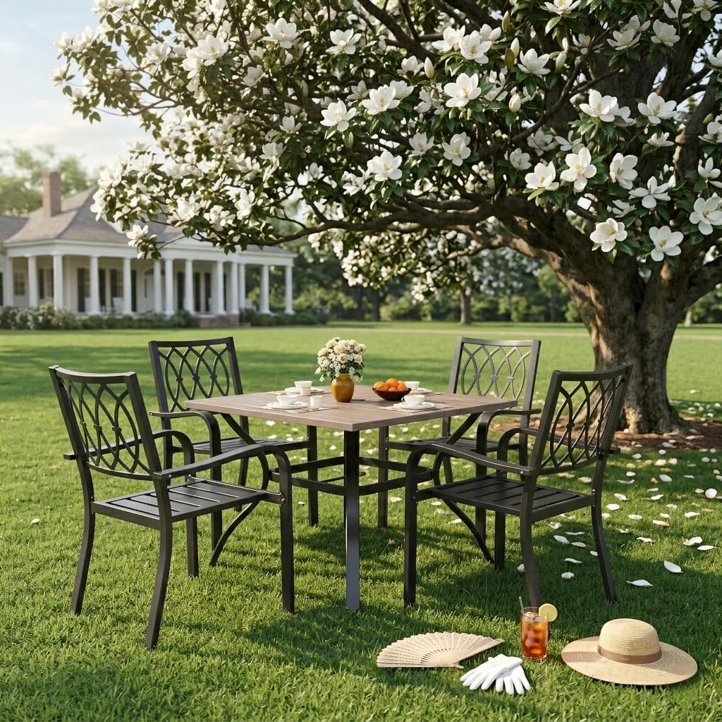 5-Piece Outdoor Patio Dining Set, 4 Metal Chairs with 350 lbs Capacity, 37.8" Square Wood-Grain Table with Umbrella Hole, Rustproof