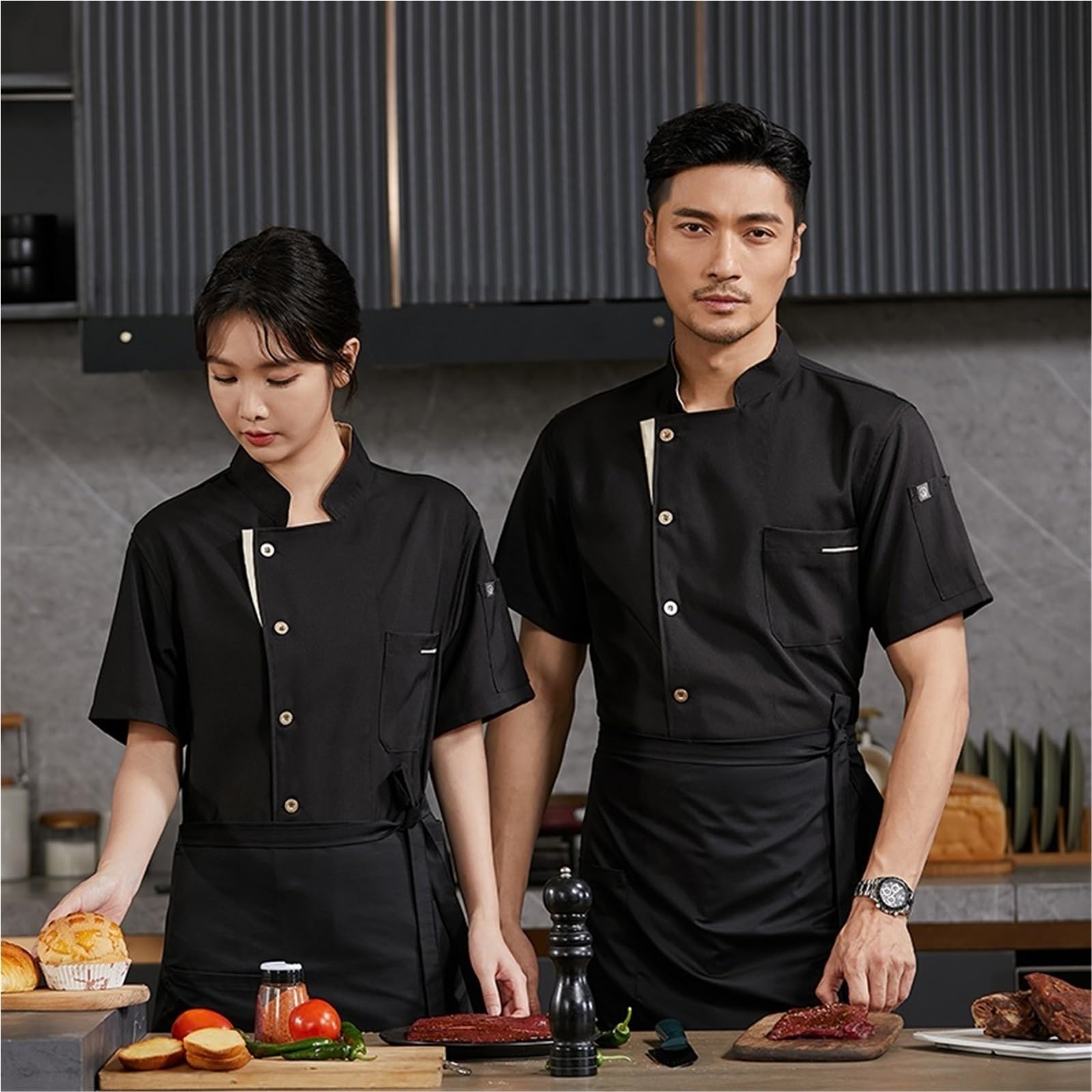 Veste de Chef d'été Respirante avec Dos en Maille, Uniforme de Restaurant à Manches Courtes for Hommes et Femmes, Tenue de Cuisine légère et rafraîchissante