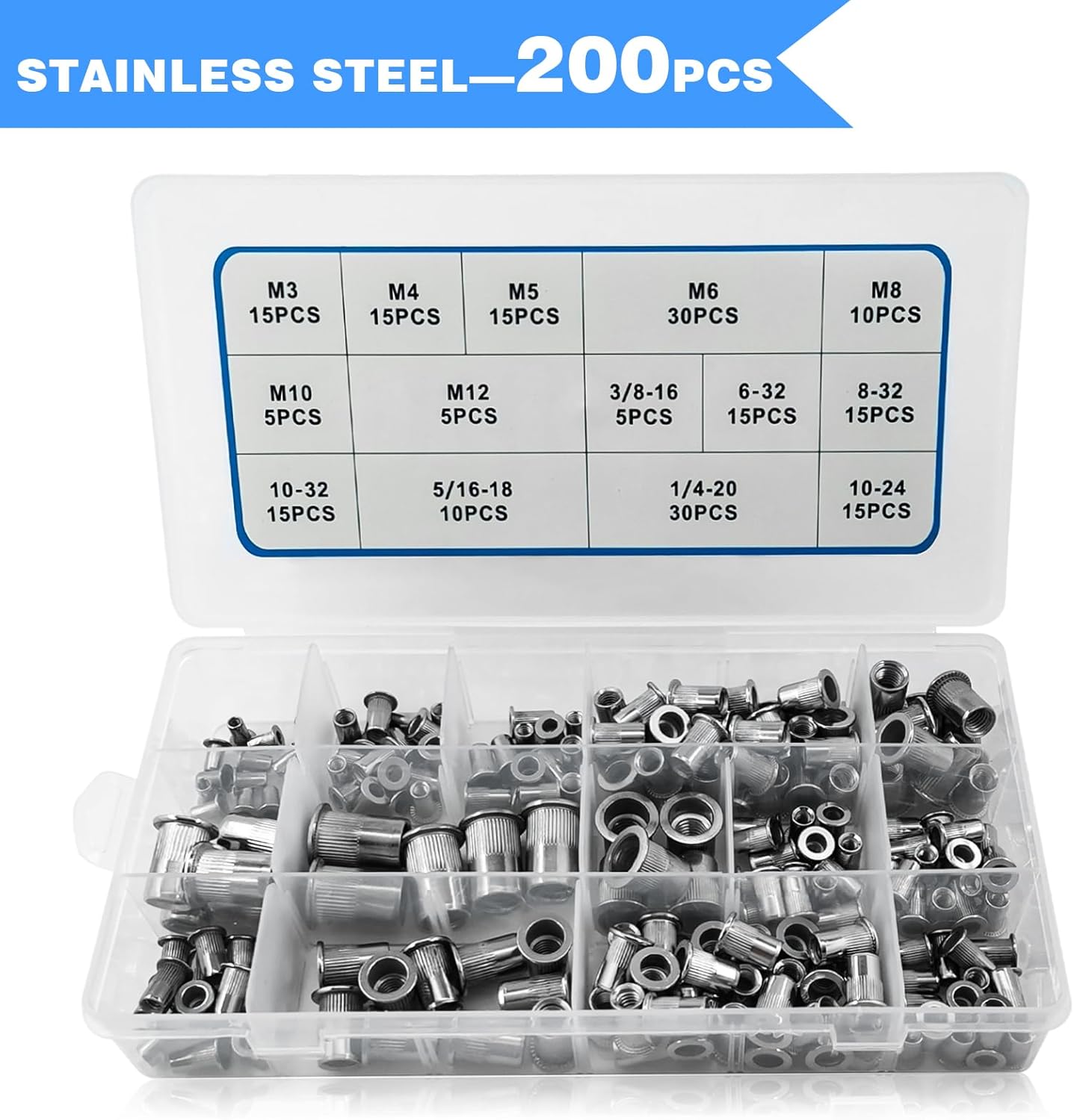 AKKTOL 200-pcs Stainless Steel Rivet Nut Kit + 240-pcs Rivet Nut Assortment Kit