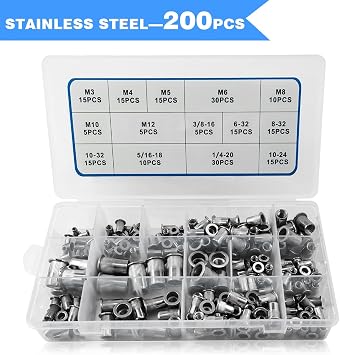AKKTOL 200-PCS Rivet Nut Kit, Stainless Steel Rivnuts Kit, SAE and Metric Nutserts Kit with Flat Head, 6-32#8-32#10-32#10-24 1/4-20 3/8-16 5/16-18 M3 M4 M5 M6 M8 M10 M12