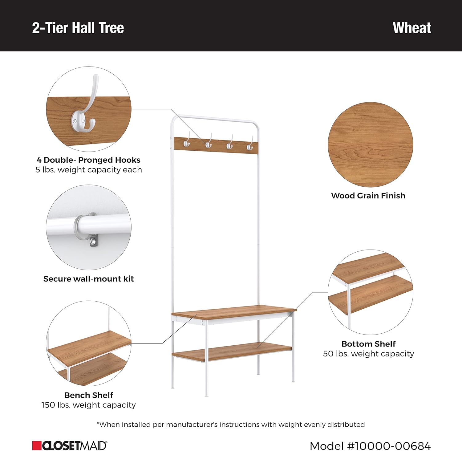 ClosetMaid Hall Tree with Shoe Bench, 4 Hooks and Storage Shelf, Coat Rack, Wheat/White