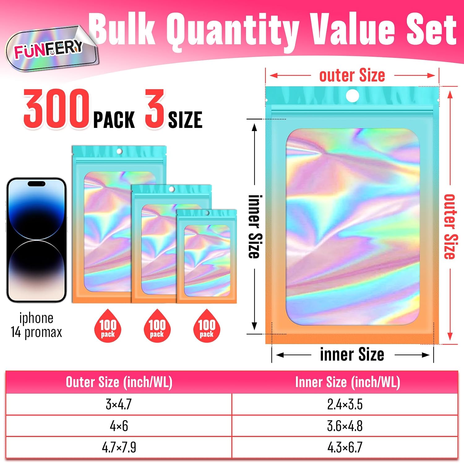 Funfery 300 Pack 3Size Mylar Holographic Bags with Clear Window,Blue Orange image 2