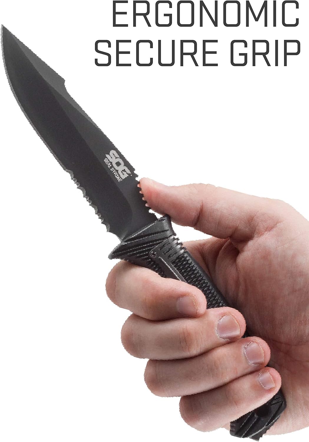 SOG Seal Strike Fixed Blade Knife with Sheath- Tactical and Hunting Knife with 4.9 Inch Partially Serrated Bowie Knife Blade and Survival Knife Line Cutter (SS1003-CP)