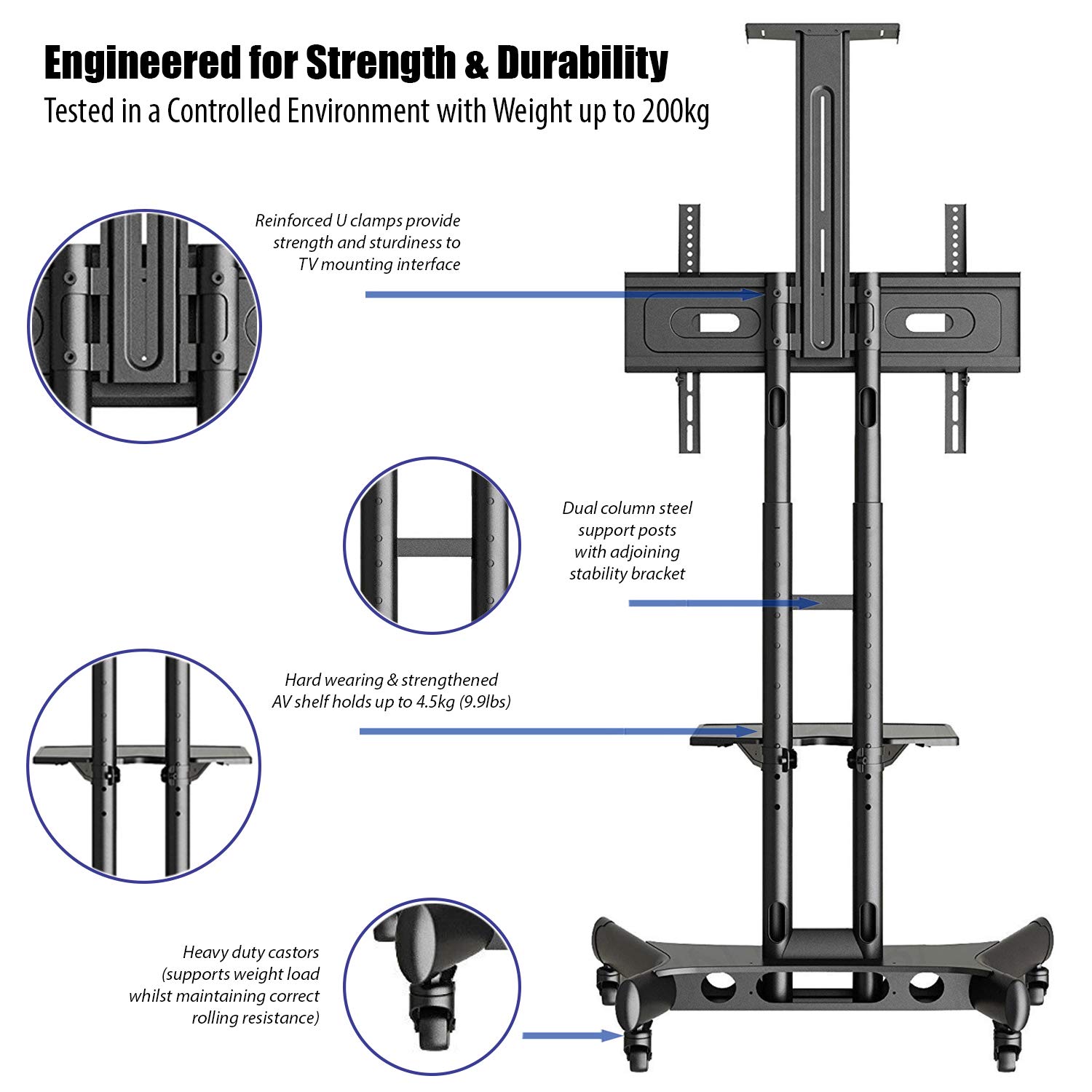 Invision GT1200 Mobile TV Stand on Wheels For 3265 Inch TVs Anti Tip & Ultra Stable TV
