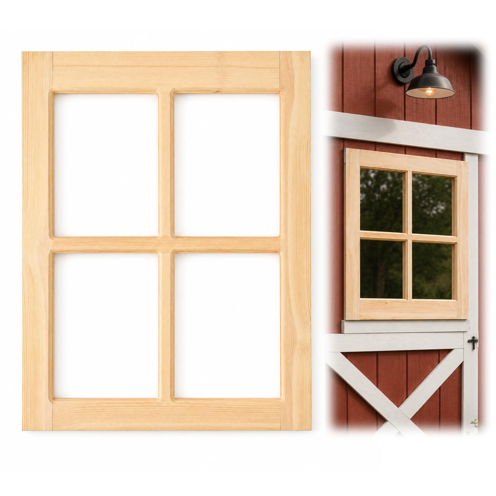 22" x 29" Solid Pine Wooden Barn Sash Window, Unfinished Shed Window Frame, Paintable DIY Wood Frame for Barn, Chicken Coop, Cabin, Playhouse &amp; Farmhouse Projects