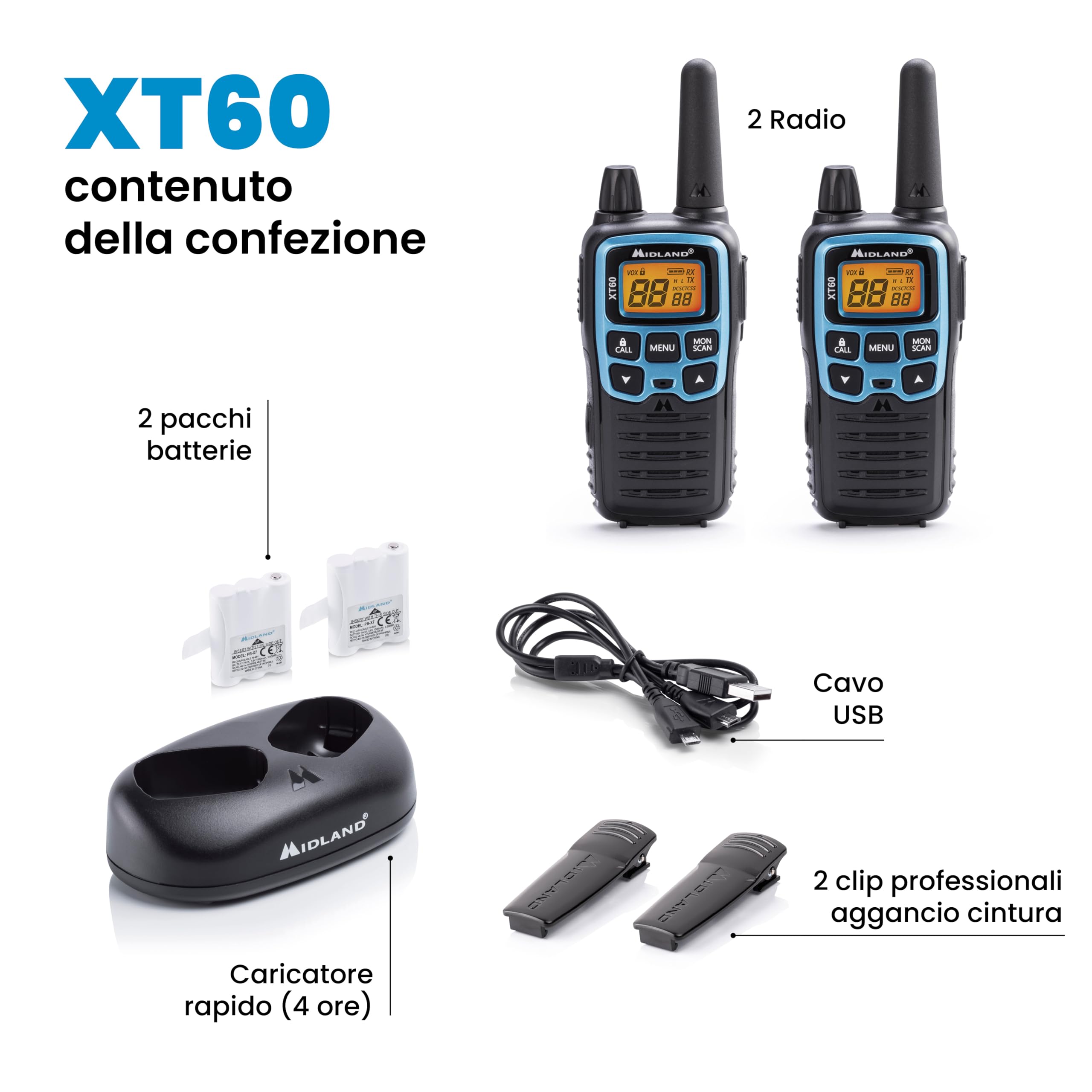 Midland - Walkie Talkie XT60, Ricetrasmittenti Professionali Dual Band, 93 Canali - 69 Canali LPD/24 PMR446 Senza Licenza, 38 CTCSS/83 DCS, Copertura 10Km, Ricarica Rapida, Autonomia 12H e Accessori