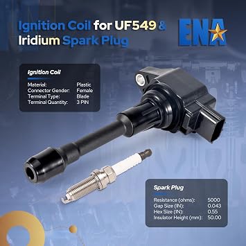 ENA UF549 Ignition Coil Pack and 9029 Double Iridium Spark Plug Compatible with Nissan Altima Versa Sentra Rogue Select Cube Pathfinder 2007 2008 2009 2010 2011 2012 2013 2.5 1.8 1.6 2.0 L4 Set of 4