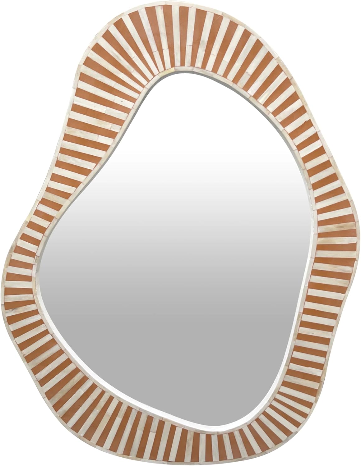 Hansa Handmade Bone Inlay Irregular Wall Mirror Strip Pattern Green Bathroom Hanging Mirror Modern Decorative Vanity Mirrors for Bedroom Living Room (19.6"x14.9")
