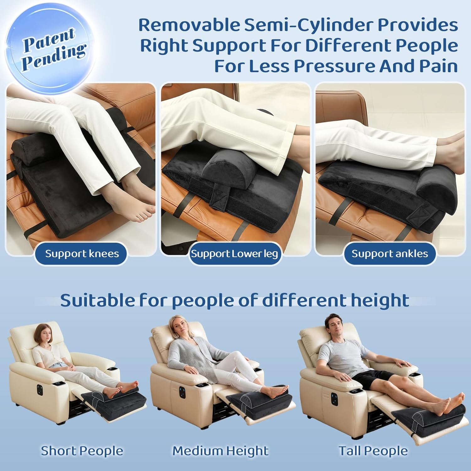 Recliner Foot Rest Cushion - Recilner Leg Rest Cushion with Removable Semi-Cylinder for Superior Support, Adjustable Recliner Foot Rest Extender, Recilner Leg Pillow with 2 Straps, Black