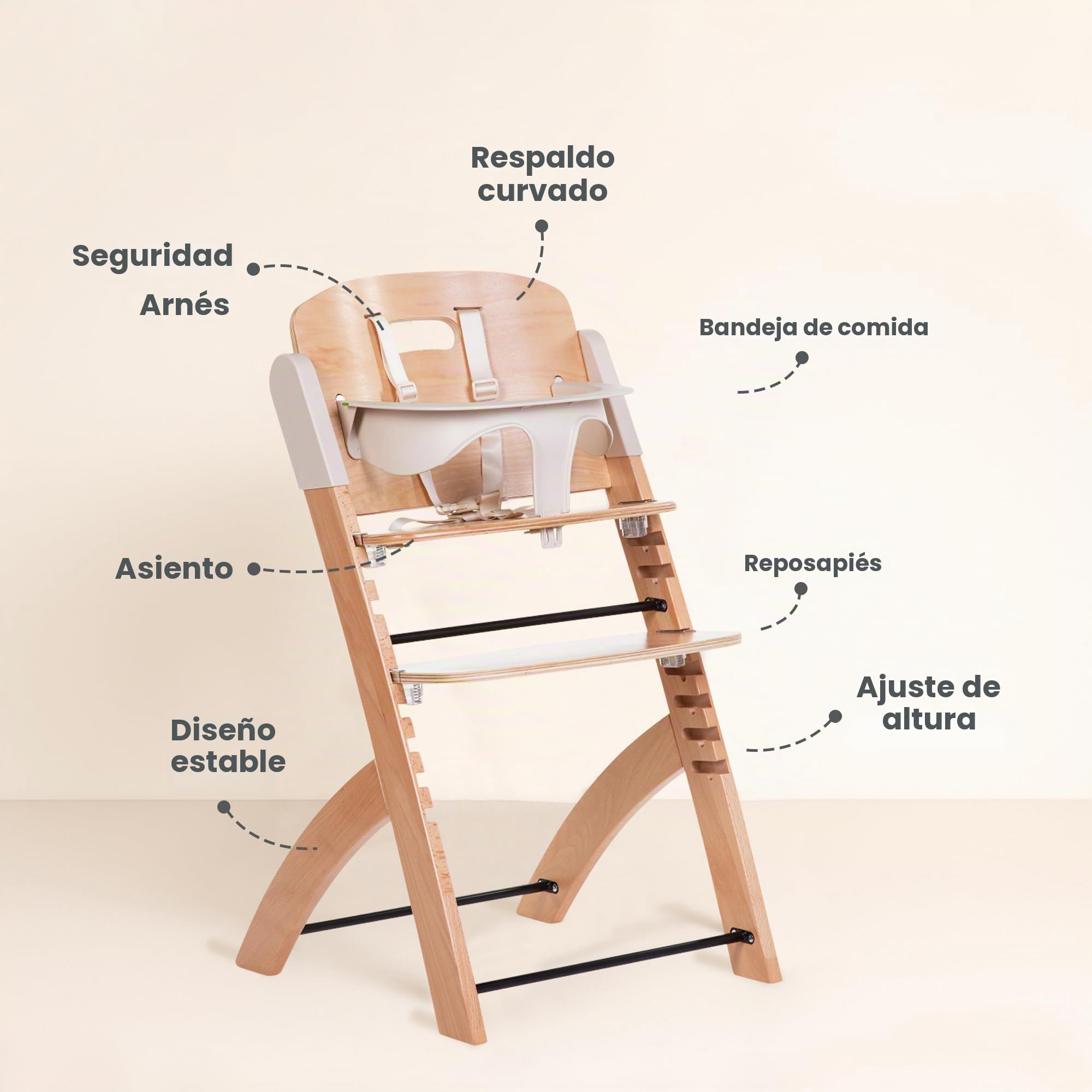 CHILDHOME, Trona Evolutiva : De 0 meses a 85KG, Tableta incluida, Madera de haya, Barra antivuelco, Arnés de seguridad de 5 puntos, Tornillos invisibles, Evosit Natural Beige