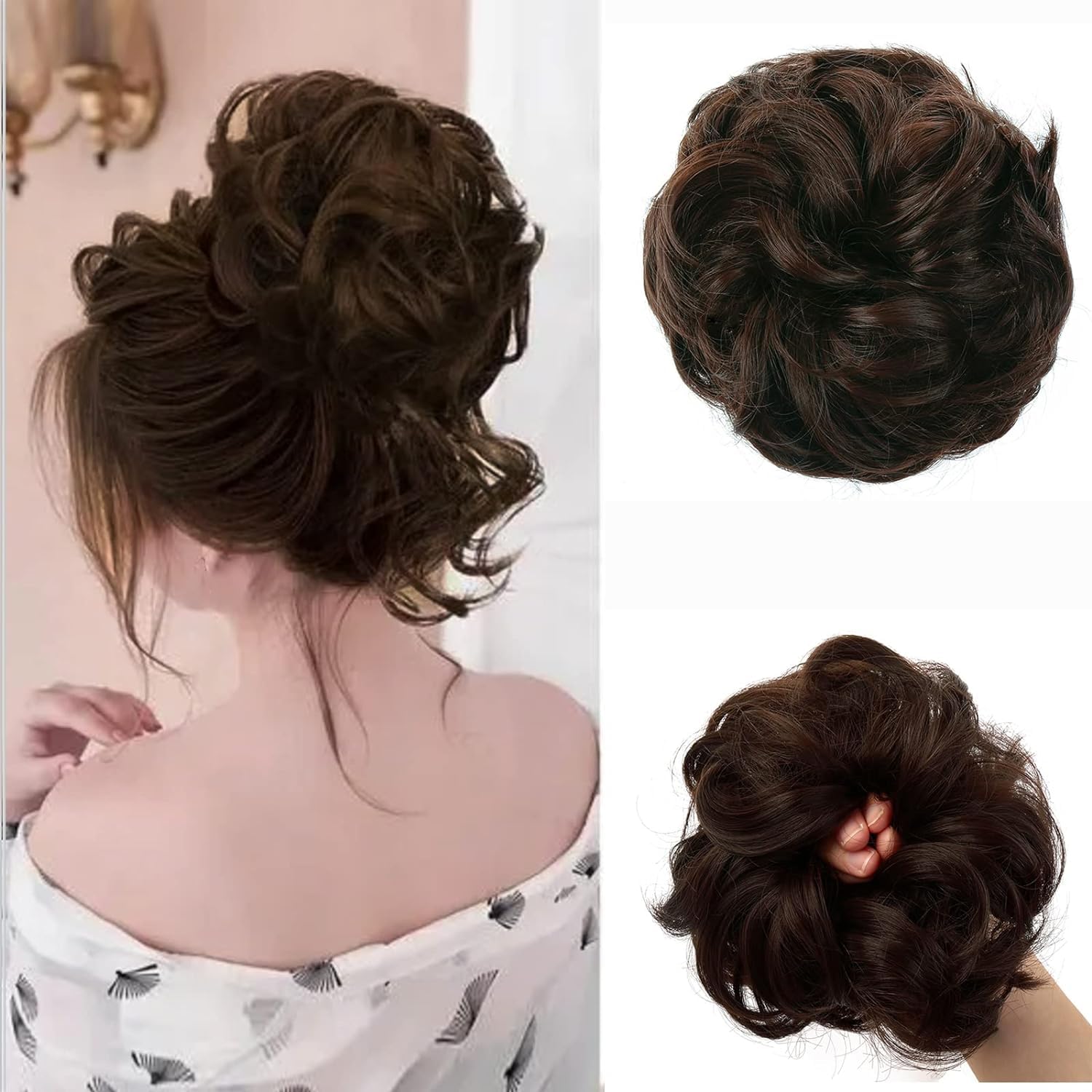 Messy Bun Hair Piece 100% Human Hair Curly Hair Extensions Real Hairs Scrunchies Updo Hair Bun Hair Pieces for Women Ponytail Extension Human Hair (Dark Brown)-image-33