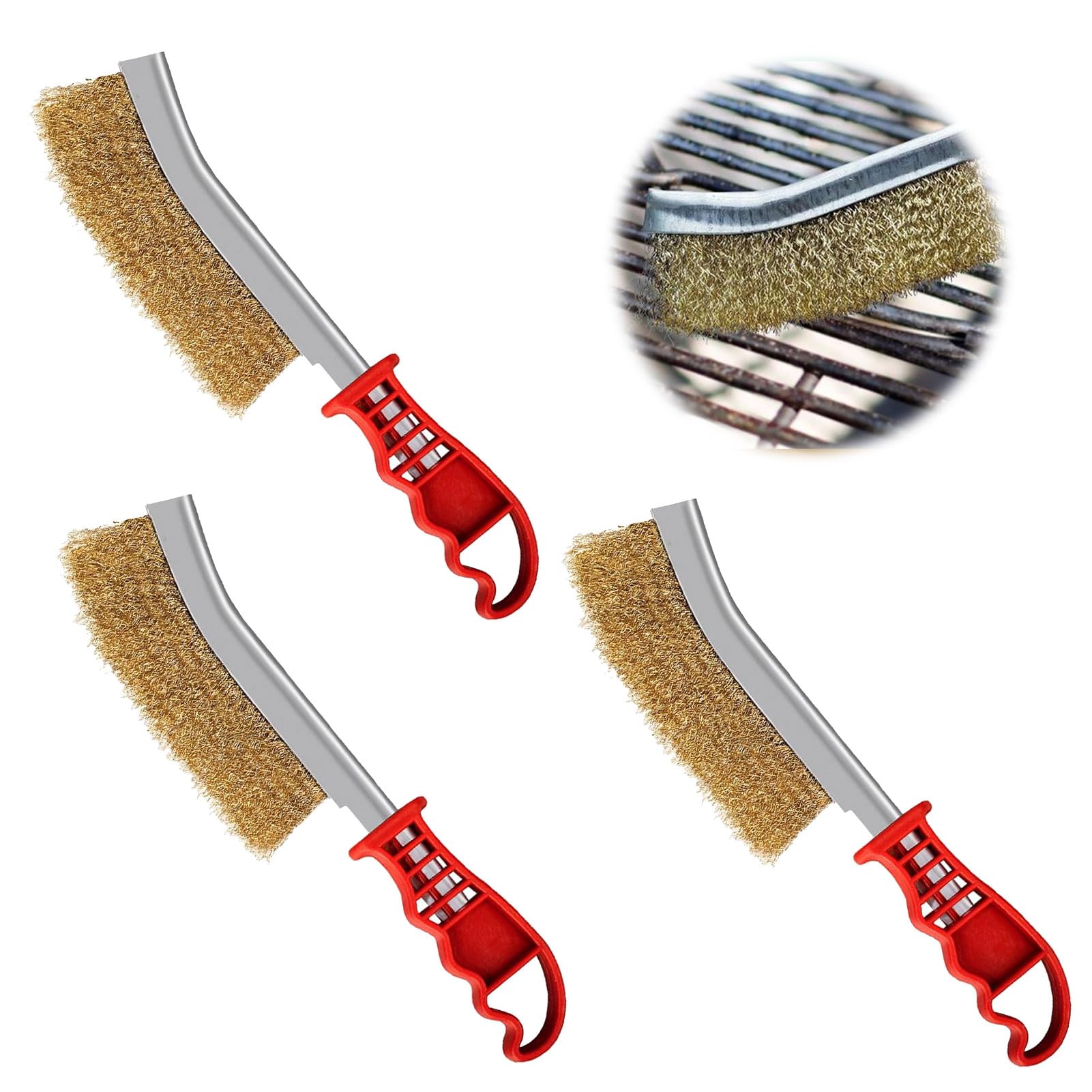 3 pezzi spazzola in ottone per barbecue, spazzola in ottone, spazzola per barbecue in ottone, spazzola in ottone per barbecue in ghisa, spazzola metallica a mano, con impugnatura in plastica curva per