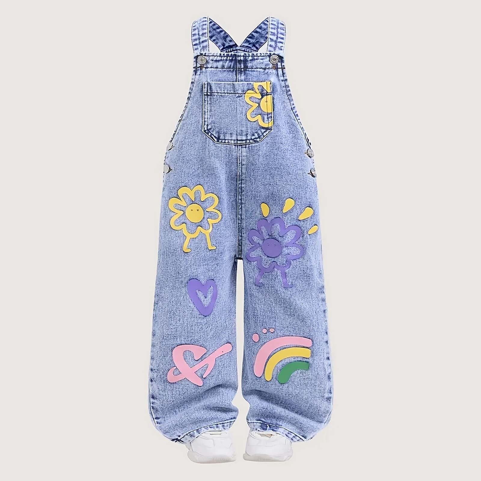 Pantalones Vaqueros para niñas de 3 a 7 años, Overol de Pierna Ancha con Estampado de garabatos, Mono de Mezclilla Suave y Transpirable para Juegos Diarios en Verano y otoño, Ajuste cómodo para niños