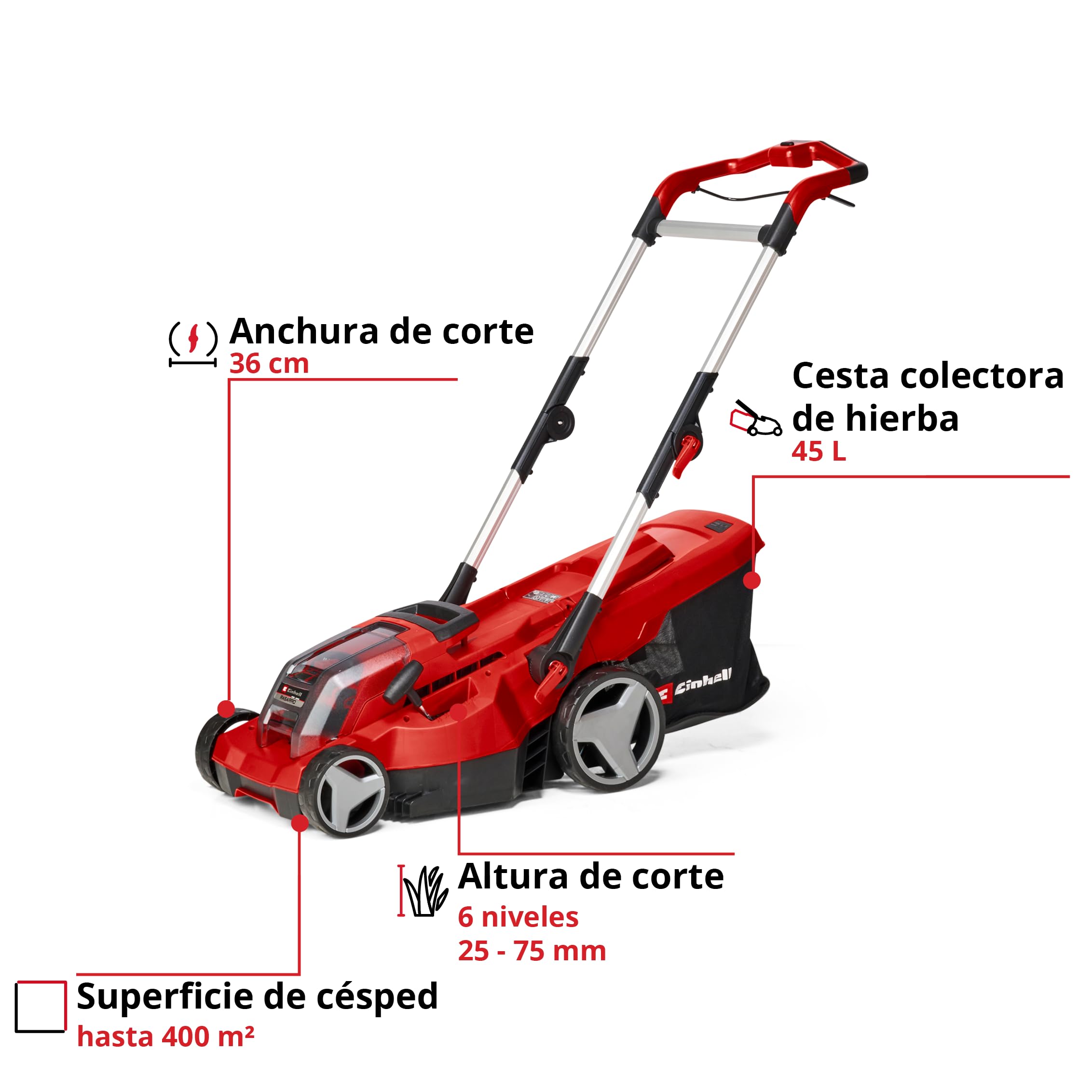 Einhell Cortacésped inalámbrico RASARRO 36/36 Kit | PXC | 36 V | 36 cm de ancho de corte | hasta 400 m² | Cesta de recogida de 45 L | 2 baterías PXC+ de 3,0 Ah y 2 x cargadores