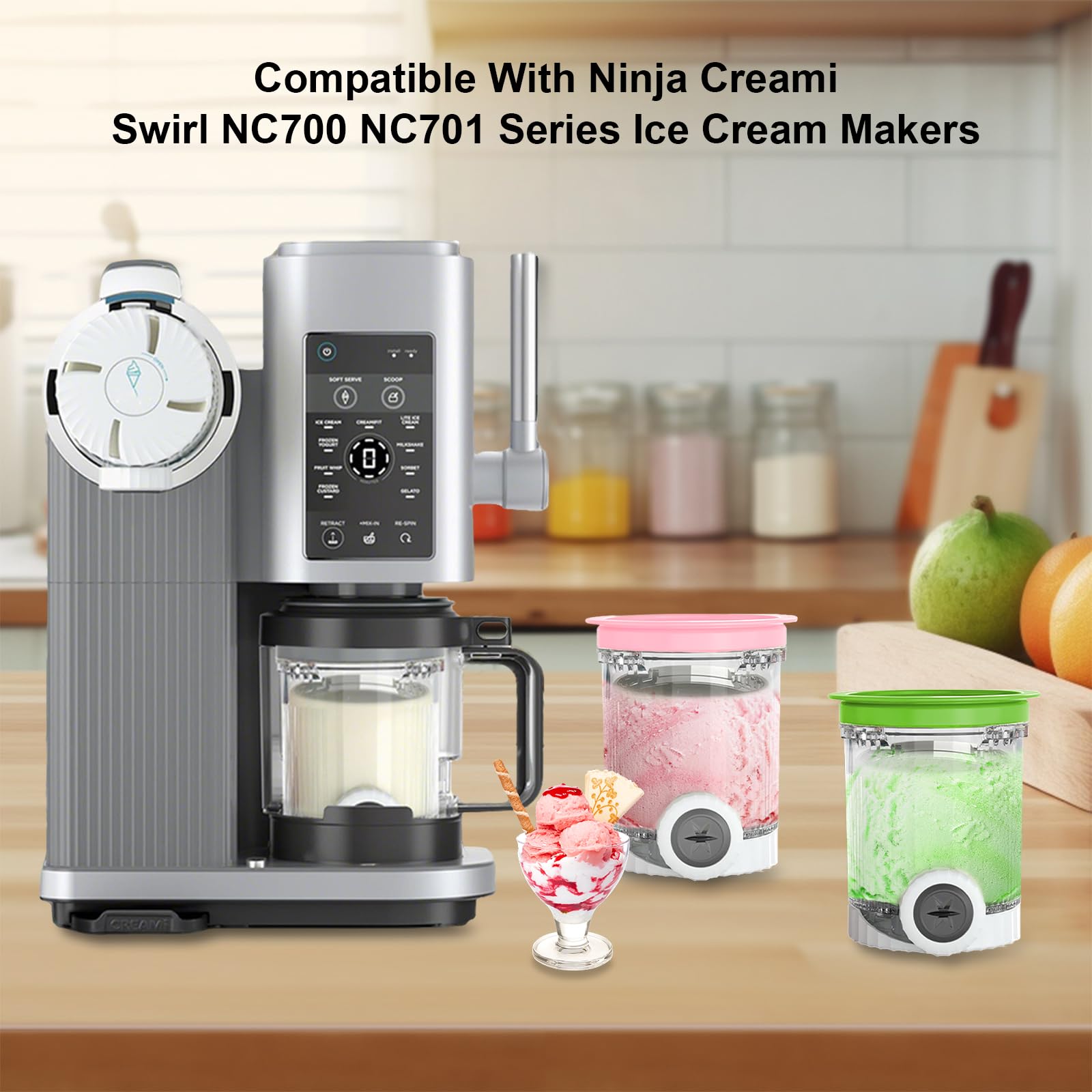 Lot de 4 Pots à Glace Compatibles pour Ninja NC700 NC701 - Récipients pour Pintes Creami Swirl et Couvercle (Gris/Rose/Vert/Bleu) - Sans BPA et Passe au Lave-Vaisselle