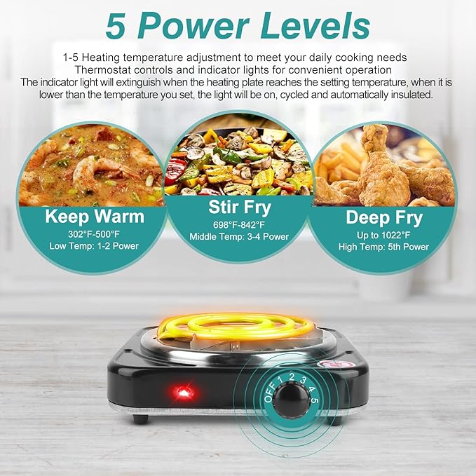 Estufa Eléctrica Portátil de 1 Puesto 1000W con Control de 5 Temperaturas miniatura 5