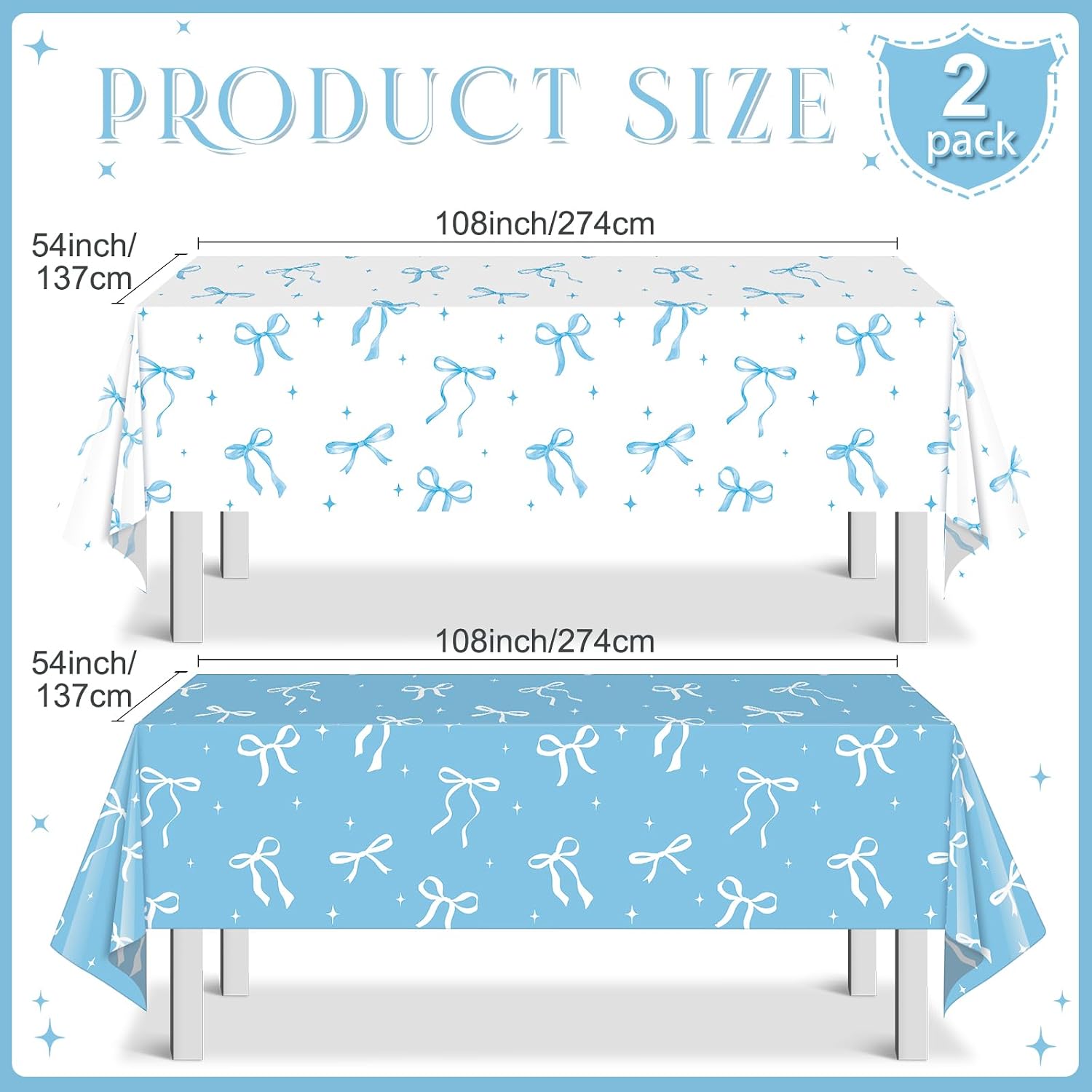 2Pcs Coquette Party Tablecloths Decorations, Blue and White Bow Plastic Table Cover Disposable Rectangle Table Cloth for Kids Birthday Bridal Wedding Baby Shower Party Supplies,54x108 Inch image 2