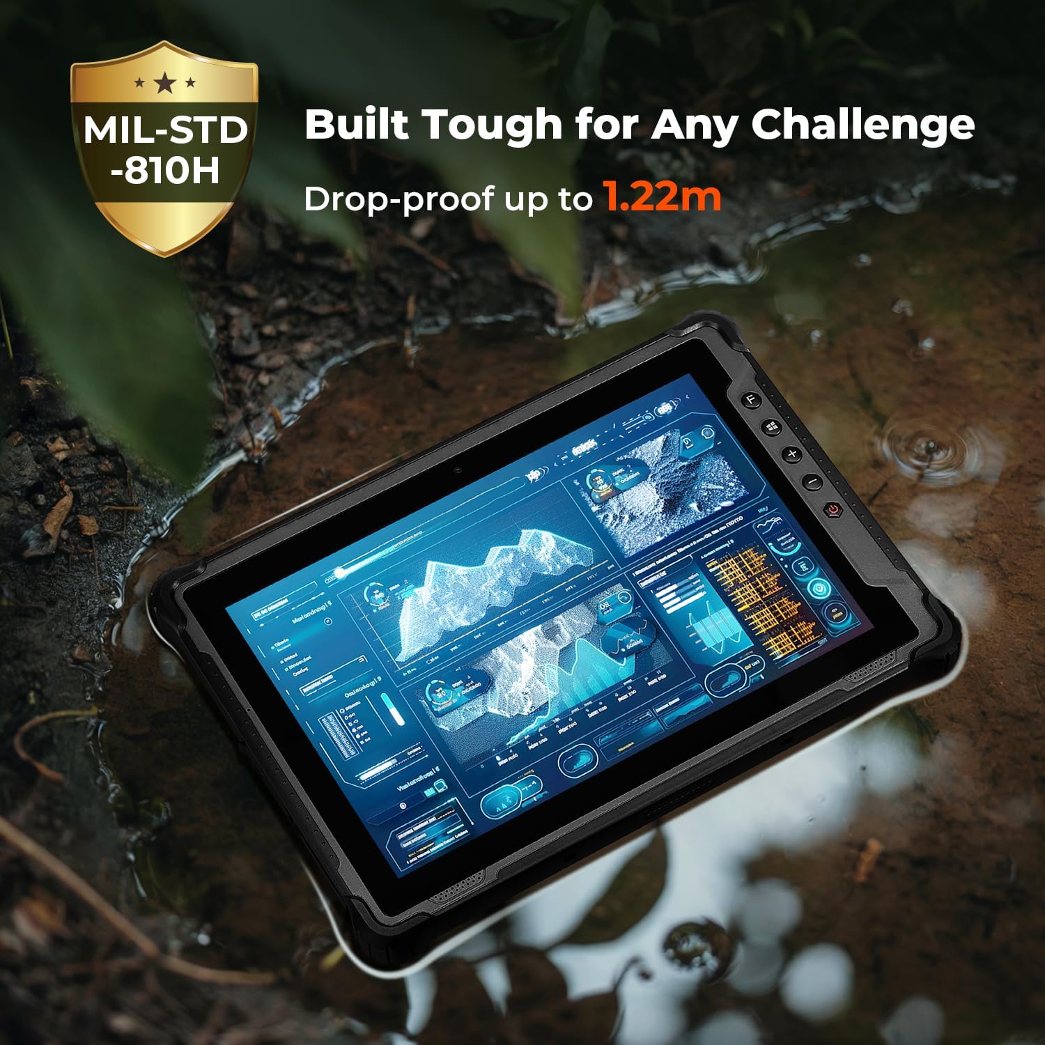The MUNBYN IRT12 tablet lying in a muddy puddle, with water splashing around it, demonstrating its IP65 water and dust resistance and MIL-STD-810H durability.