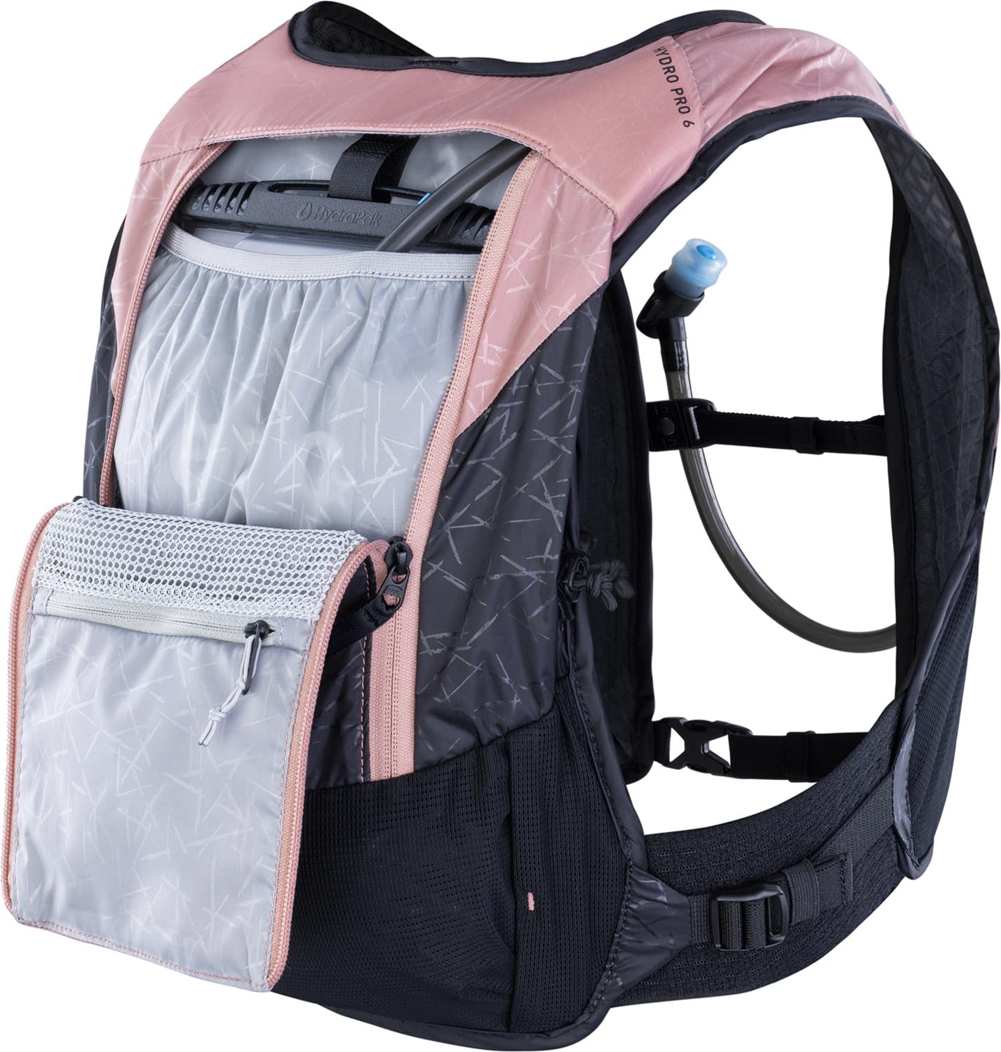 EVOC HYDRO PRO 6 + HYDRATION BLADDER 1,5, zaino idratante (2 scomparti per alimenti e tasche con cerniera, incl. sacca idrica da 1,5 l, taglia unica), rosa antico - nero