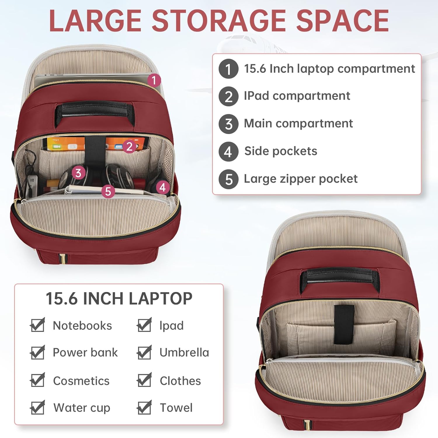 Laptop Backpack for Women, 15.6 Inch Work Business Backpacks, Large Capacity Travel Backpack with USB Charging Port, School Backpack Work Backpack for Nurse Teacher, Red