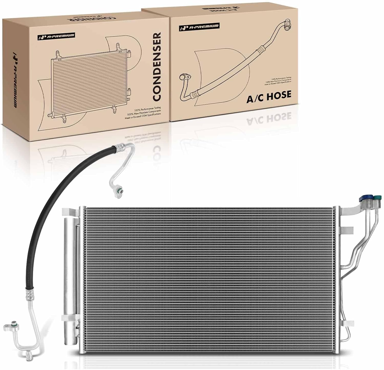A-Premium Air Conditioning A/C Condenser & A/C Discharge Line Hose Assembly Compatible with Hyundai Sonata 2011-2014, Kia Optima 2011-2015, 2.4L