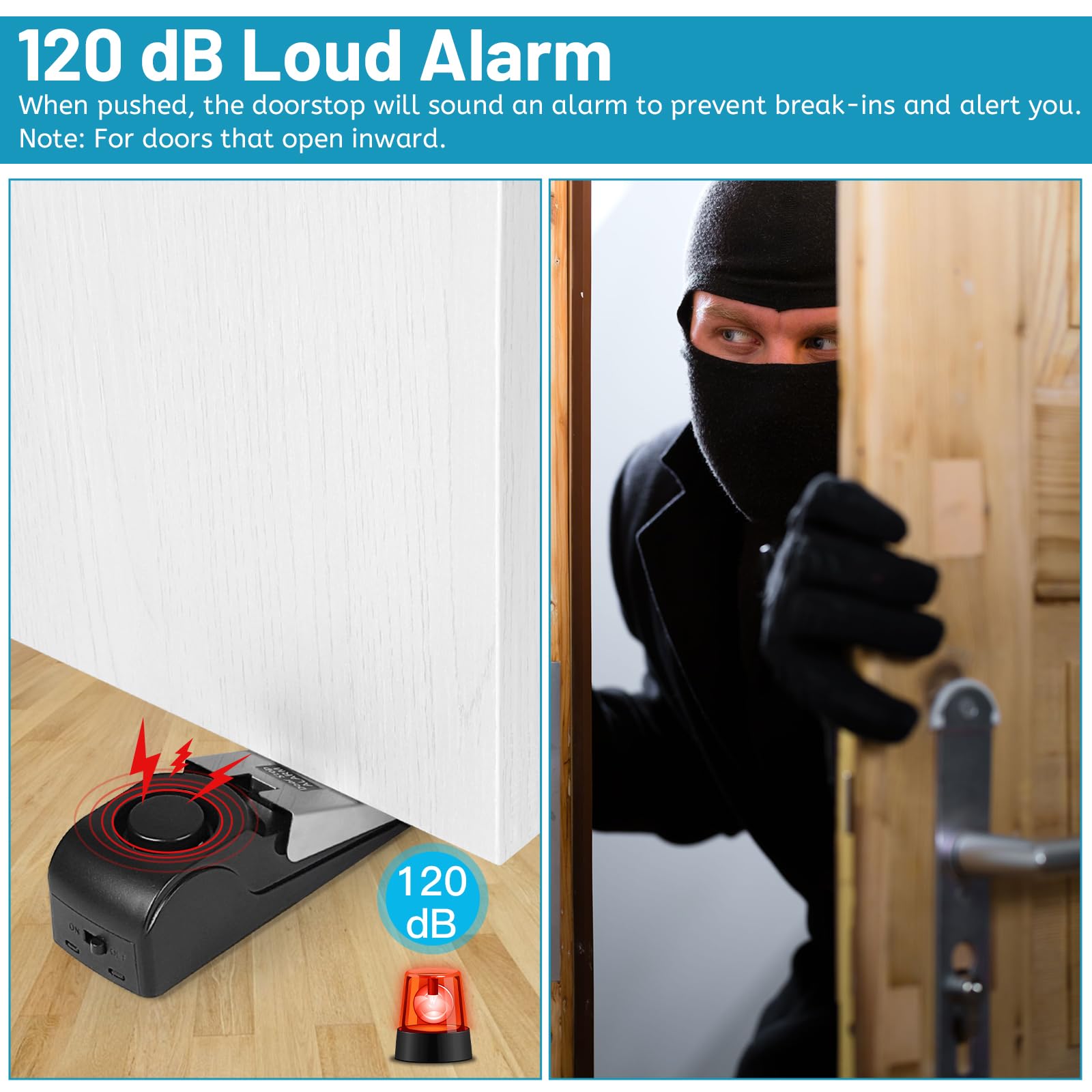 DBREAKS 4 Door Stoppers, Door Wedge with Alarm 120 dB, Door Entry Alarm, 3 Door Stop, Door Alarm for Hotel Home Travel Security - Image 2