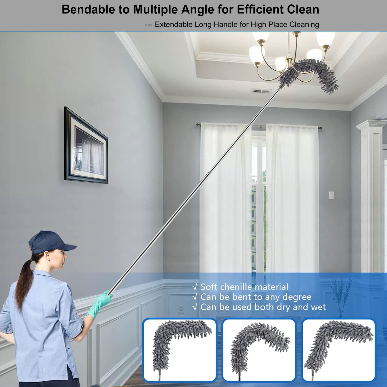 Extendable Microfiber Duster Extension Rod | Ceiling Fan Duster 20 Foot Reach | Cobweb 3-Stage Aluminum Telescoping Pole | Lightweight Webster Telescoping Cleaning Tool | U.S. Duster Co