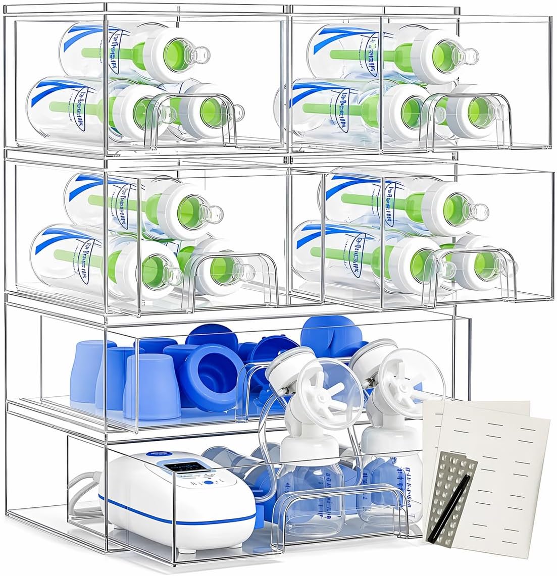 6-Pack Stackable Storage Drawers with Labels - Clear PET Pull-Out Organizer Bins for Pantry, Bathroom, Vanity, Cabinet, Countertop | Baby Bottle Organizer