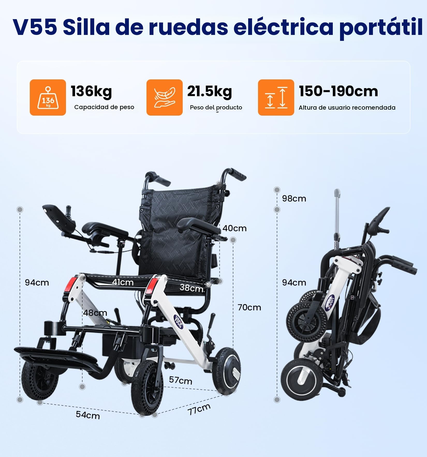 VOCIC V55 Silla de ruedas eléctrica plegable ligera con control trasero | silla de ruedas eléctrica de hasta 136 kg, para todo terreno, silla de ruedas eléctrica de 500 W con Bluetooth (21 kg)