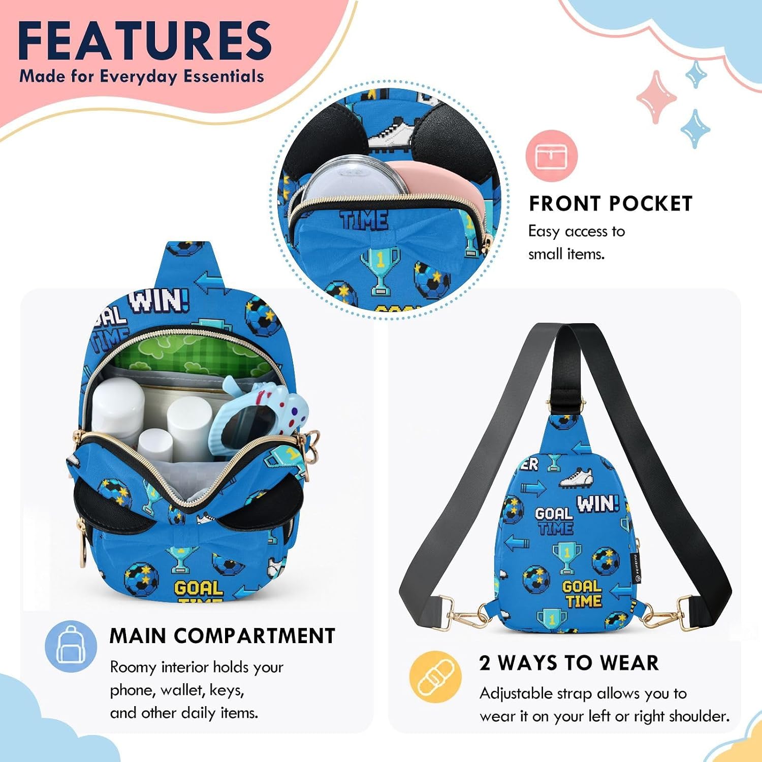 Soccer Ball Kids Sling Bag for Girls, 3.1x7.5x5.7 In | Crossbody Fanny Pack, Toddler Purse, Cute Sling Belt Bag with Ears, 2L Small Shoulder Chest Bag for Travel