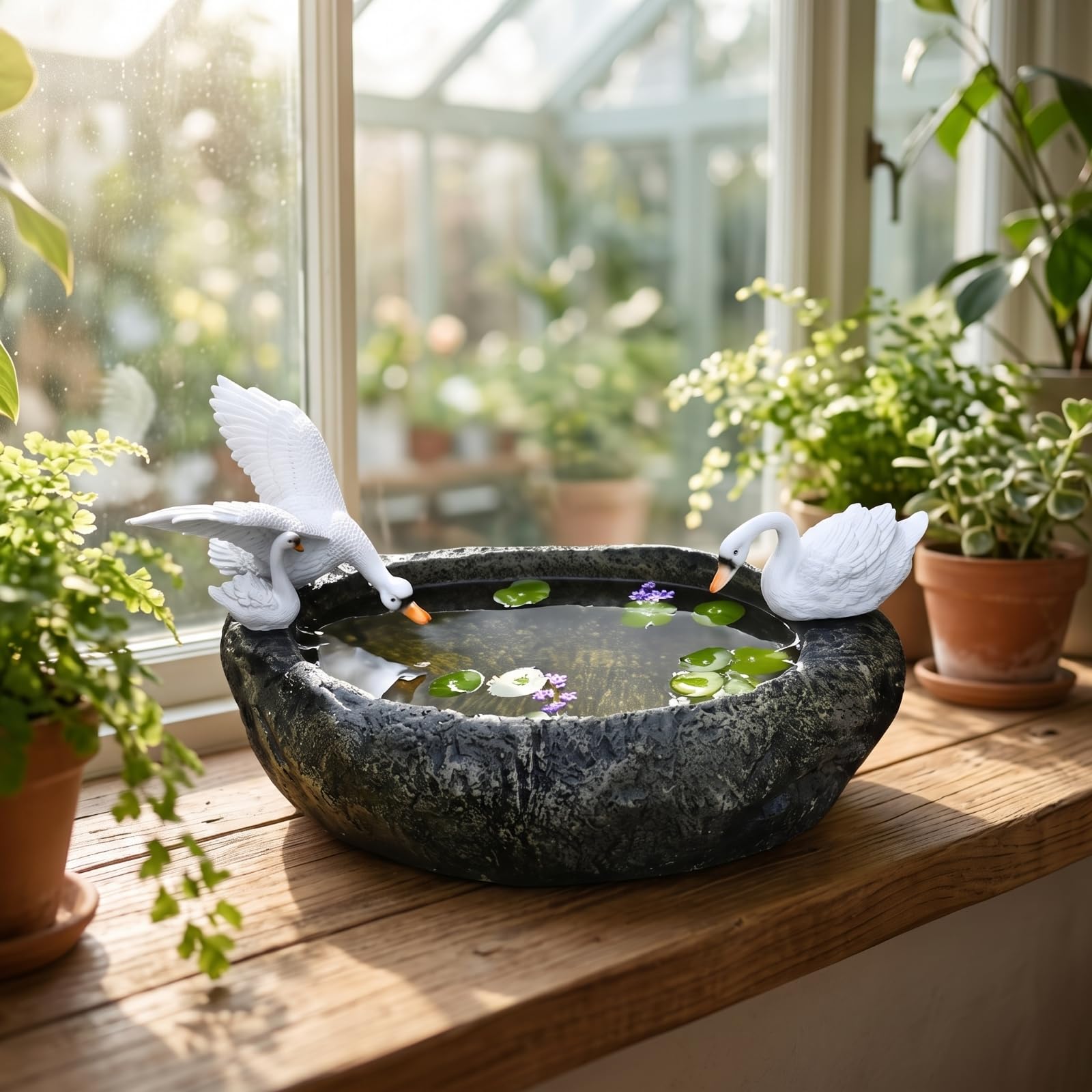 Maceta para Plantas Acuáticas Efecto Piedra, Jardinera con Cisnes, Elegan, para Patio