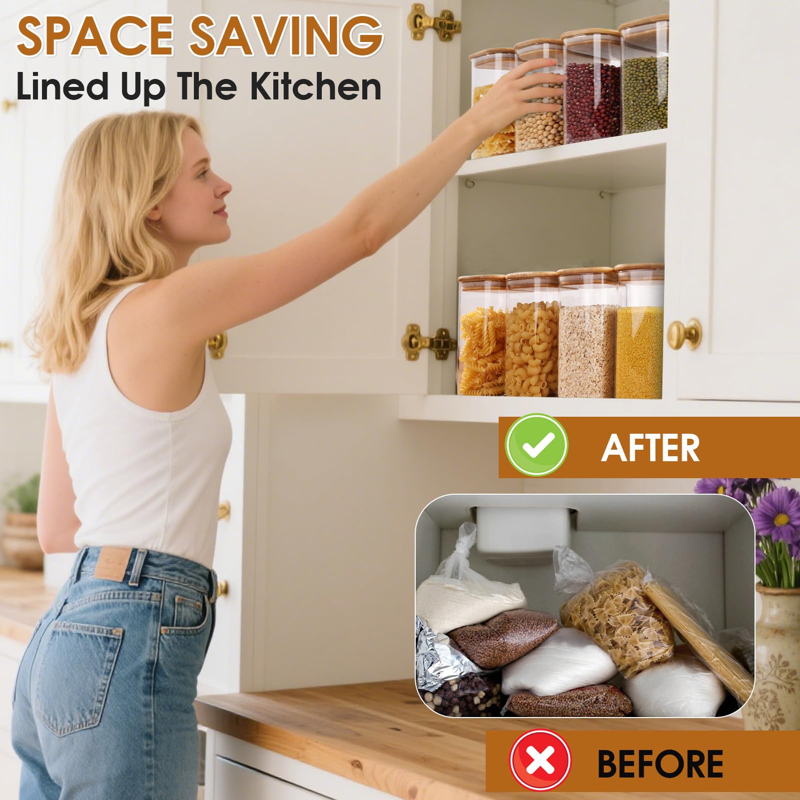 FoiiLiio 1,25 L Rectangle Conteneurs en Verre Lot de 4 Bocaux en Verre Avec Couvercles en Bambou Φ12x8x15cm Bocaux Rangement Cuisine en Verre pour Céréales, Cornflakes, Haricots