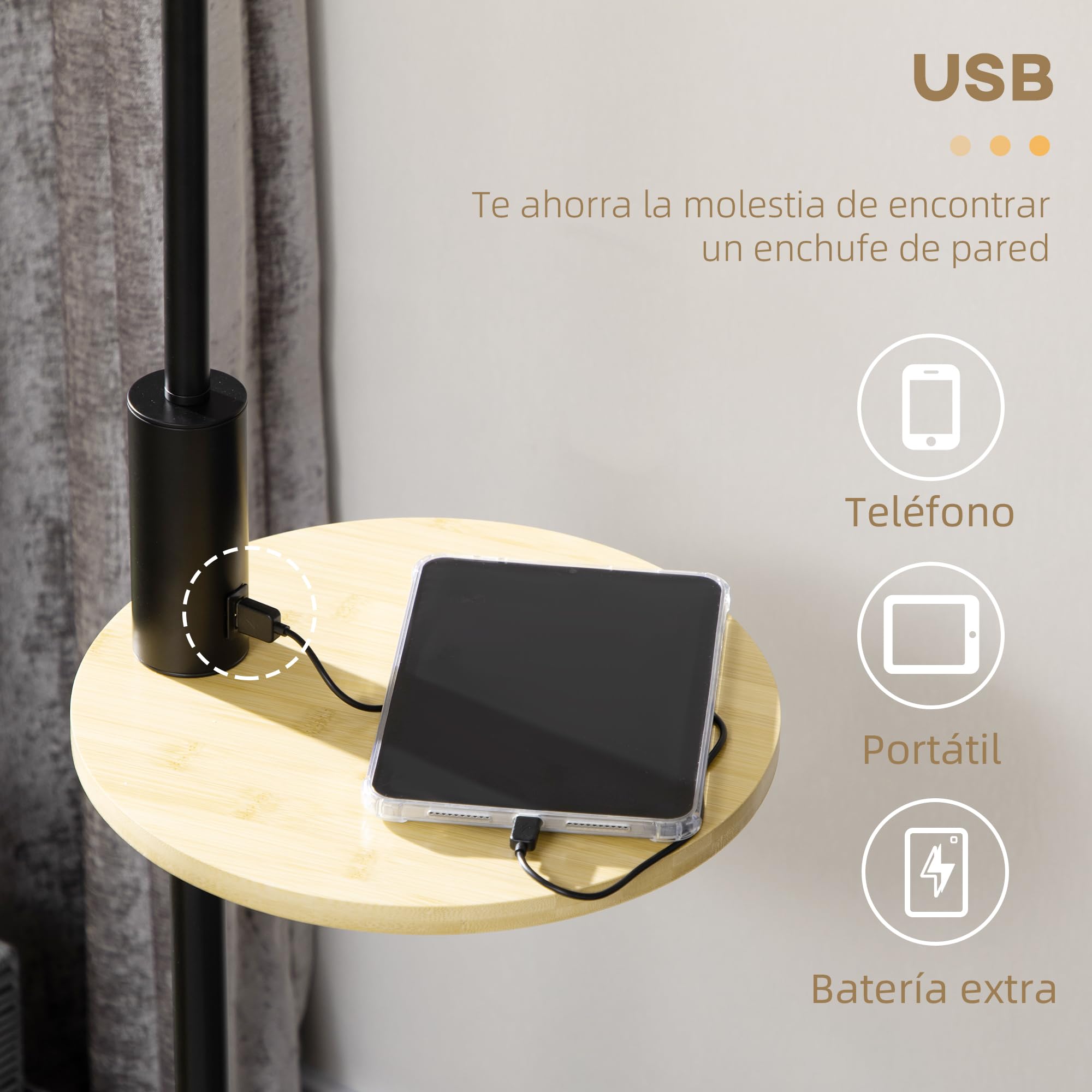 HOMCOM Lámpara de Pie con Mesita Auxiliar Lámpara con Estante Cargador USB Casquillo E27 Máx. 40W con Pantalla de Lino Interruptor de Cadena para Salón Ø40x170 cm Natural