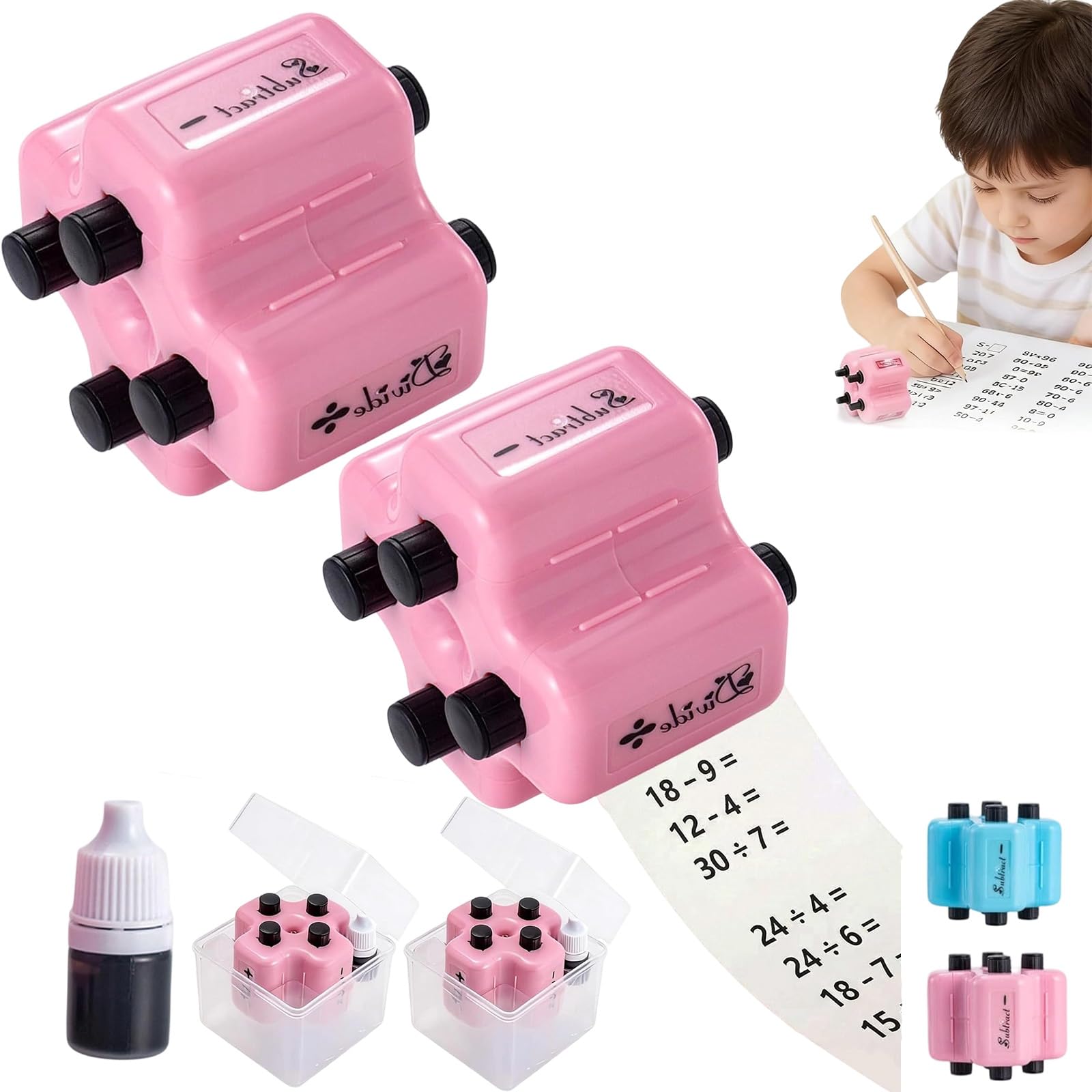4 in 1 Math Roller Stamp Set, Smart Math Stamp Roller, Reusable Addition Subtraction Multiplication Division Practice Tool, Brain Improvement Device for Kids (Pink+Pink)